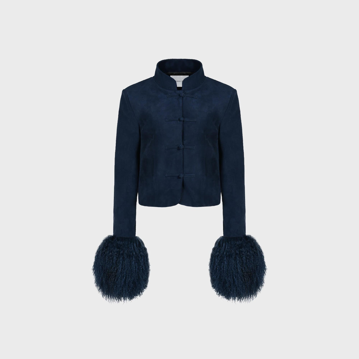 Susanna Chow Leighton suede jacket in navy, front view with mandarin collar, frog closures and shearling cuffs