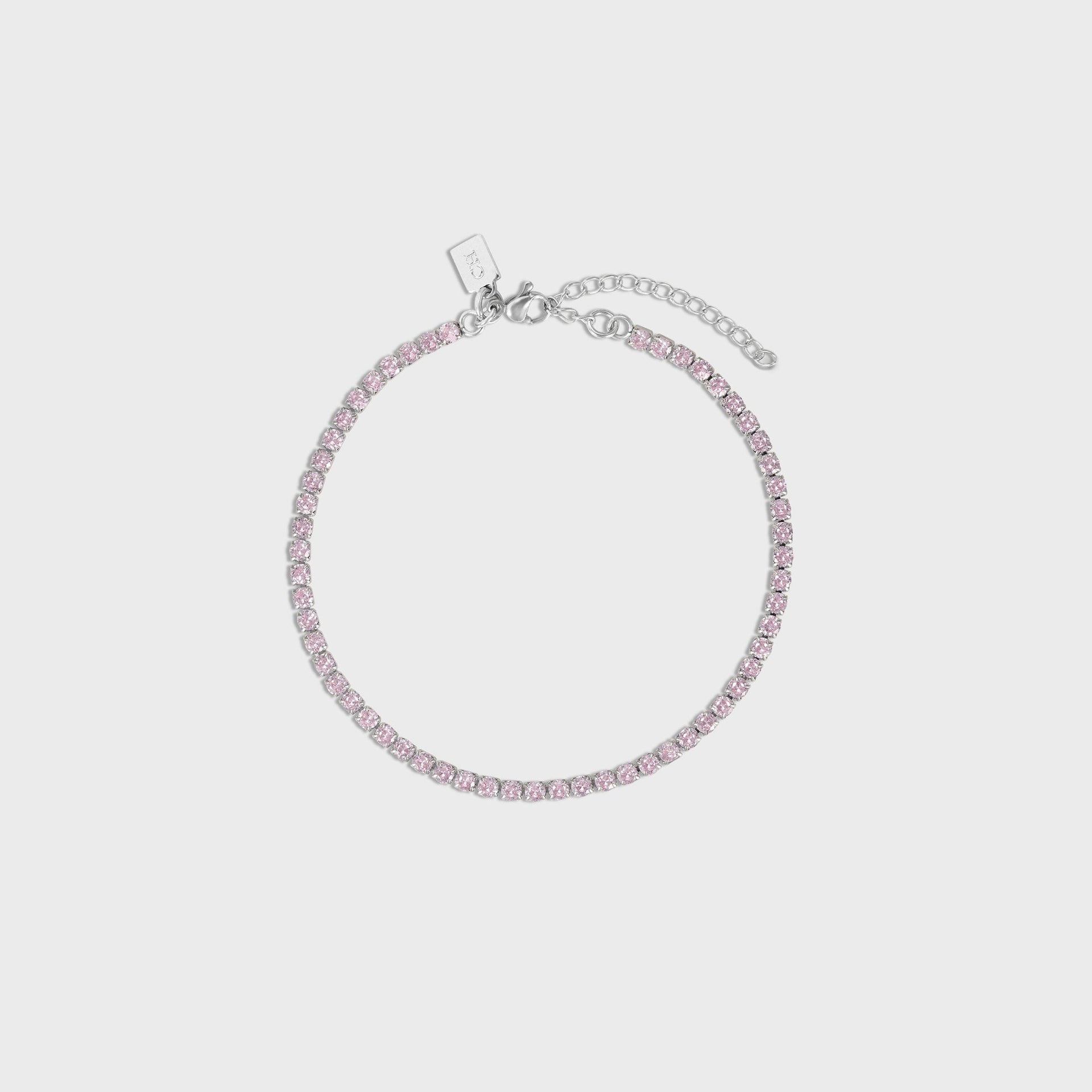 Crystal Haze Serena anklet, pink crystal tennis chain in silver settings coiled flat with lobster clasp