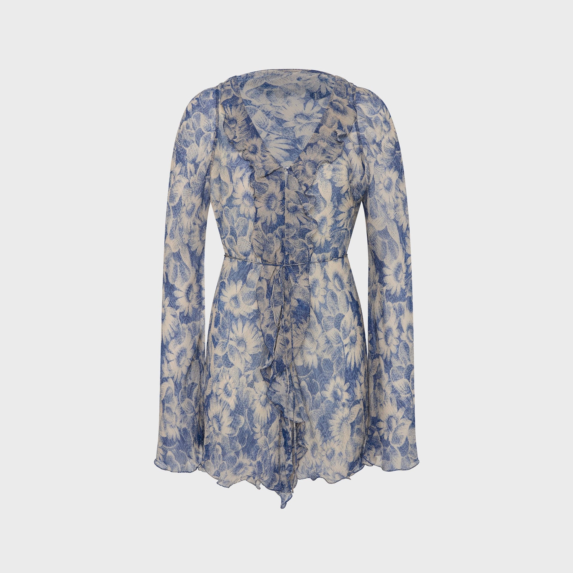 SIR Lilia ruffle long sleeve mini dress in Daisy Meadow blue floral print, ruffled V-neckline, back view