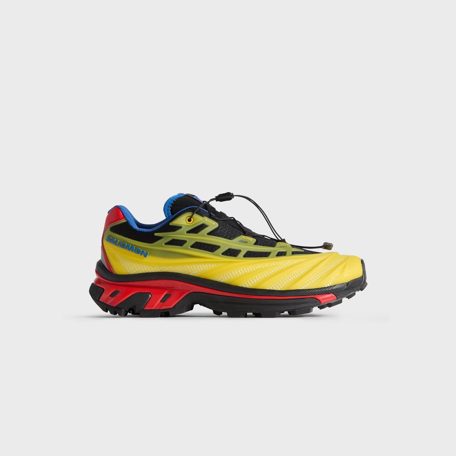Kith for Salomon XT-EVO in Black/Lemon/Lava Falls, lateral side profile of the yellow, black and red trail sneaker