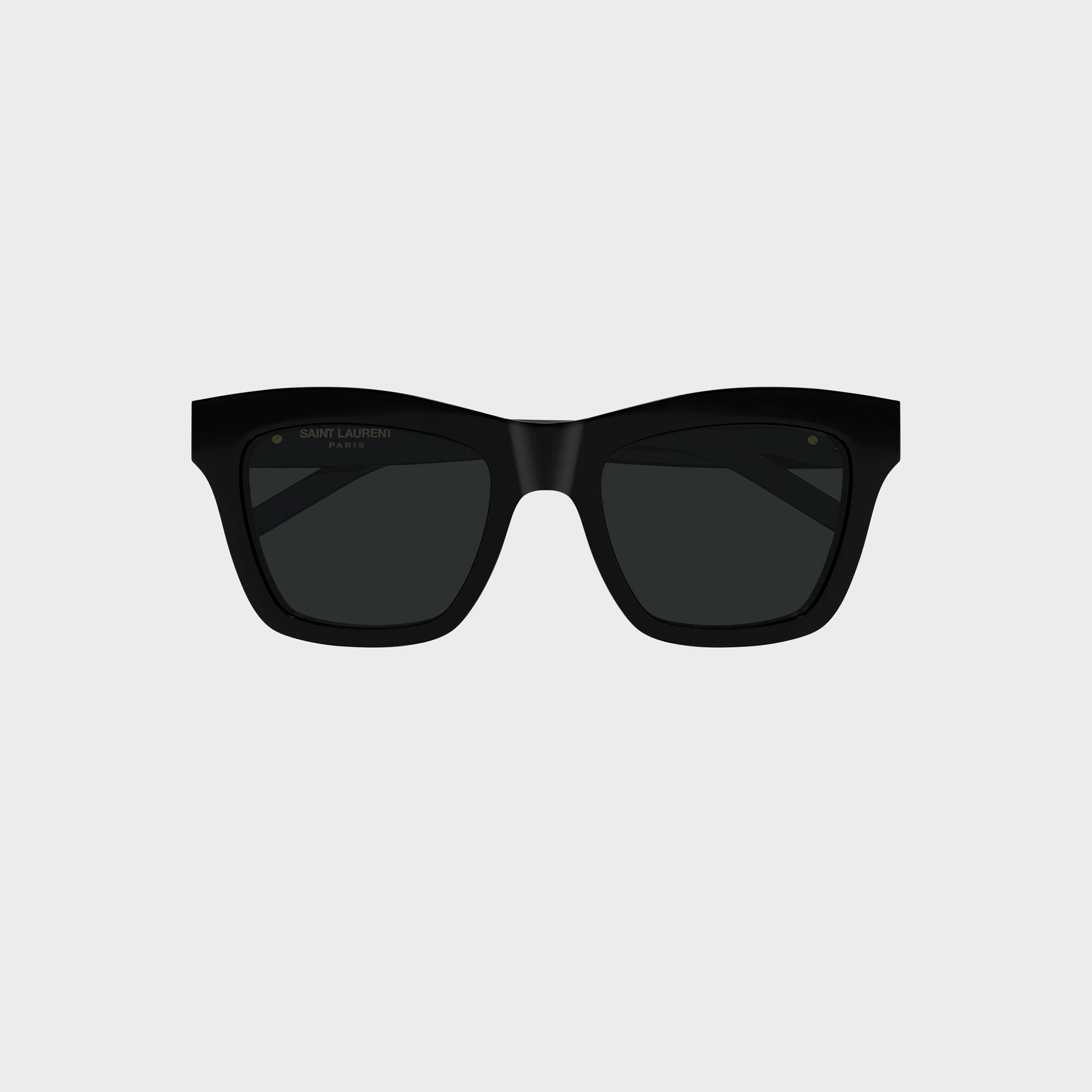 Saint Laurent SLM156 cat-eye sunglasses in black, front view with dark grey lenses and gold logo print