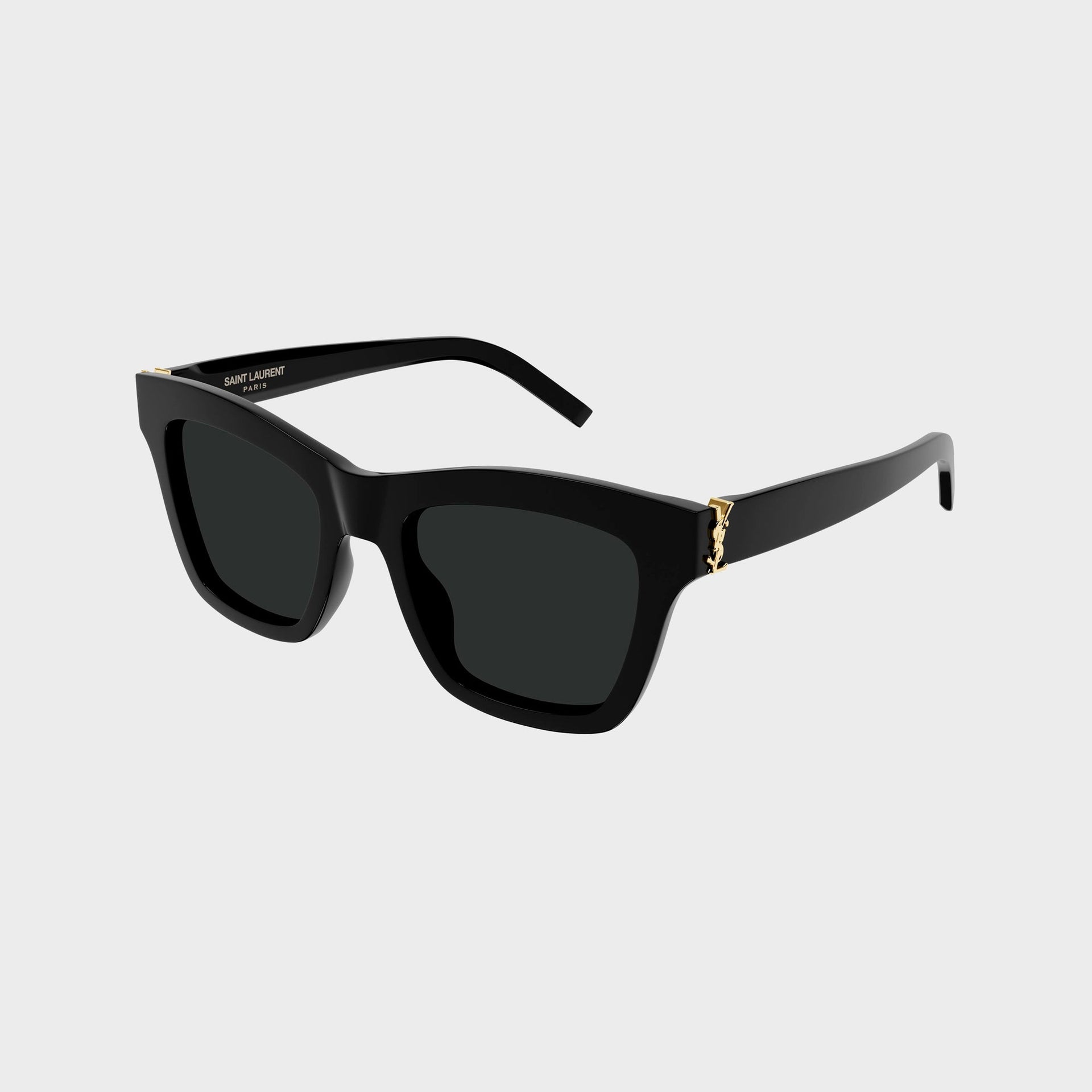 Saint Laurent SLM156 cat-eye sunglasses in black, angled view showing temple with gold YSL monogram