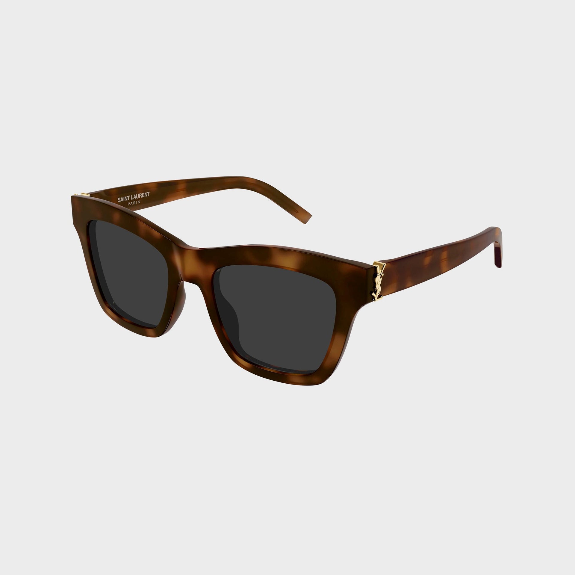 Saint Laurent SLM156 cat-eye sunglasses in Havana tortoiseshell, angled view with gold YSL monogram temple
