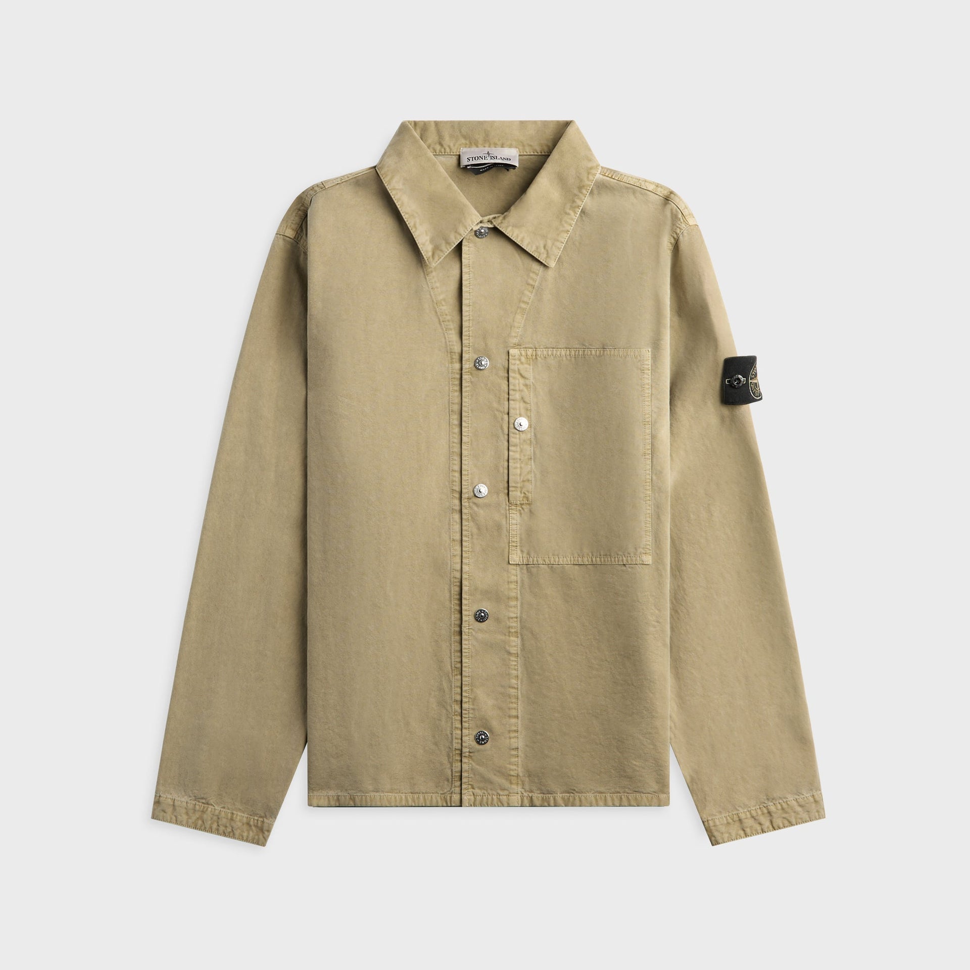 Stone Island Mineral Dyed Panama cotton overshirt in military green, front view with chest pocket and logo patch