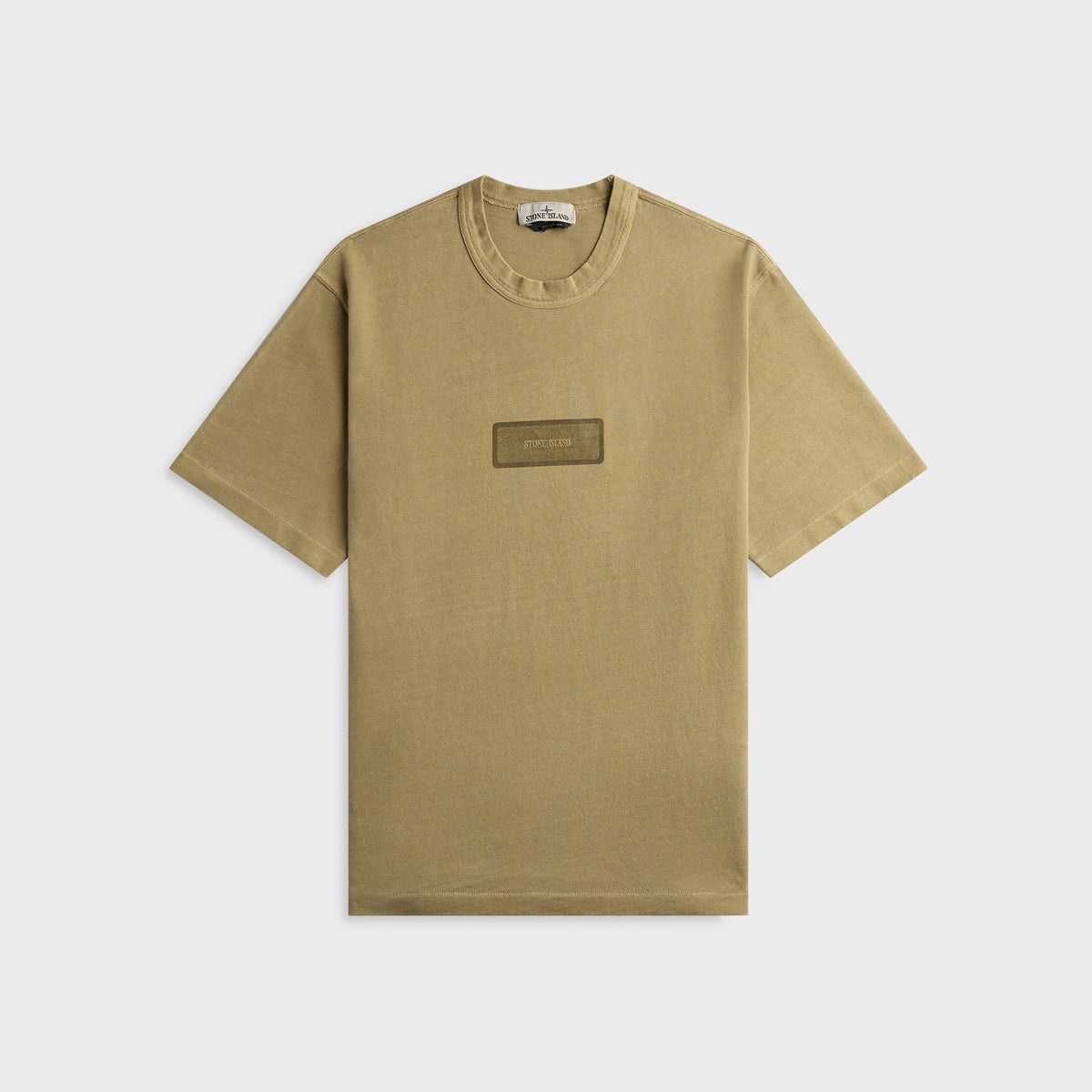Stone Island Mineral Dyed Heavy Cotton Jersey Tee in Military Green, olive tee with logo patch, front view