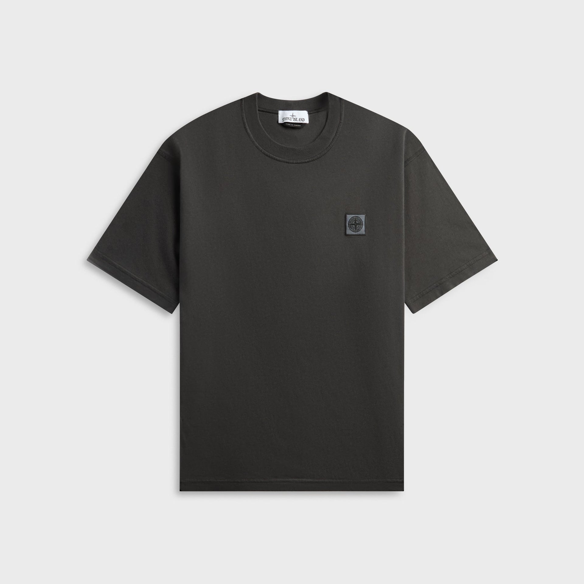 Stone Island crewneck tee in charcoal, front view with ribbed collar and square compass chest patch