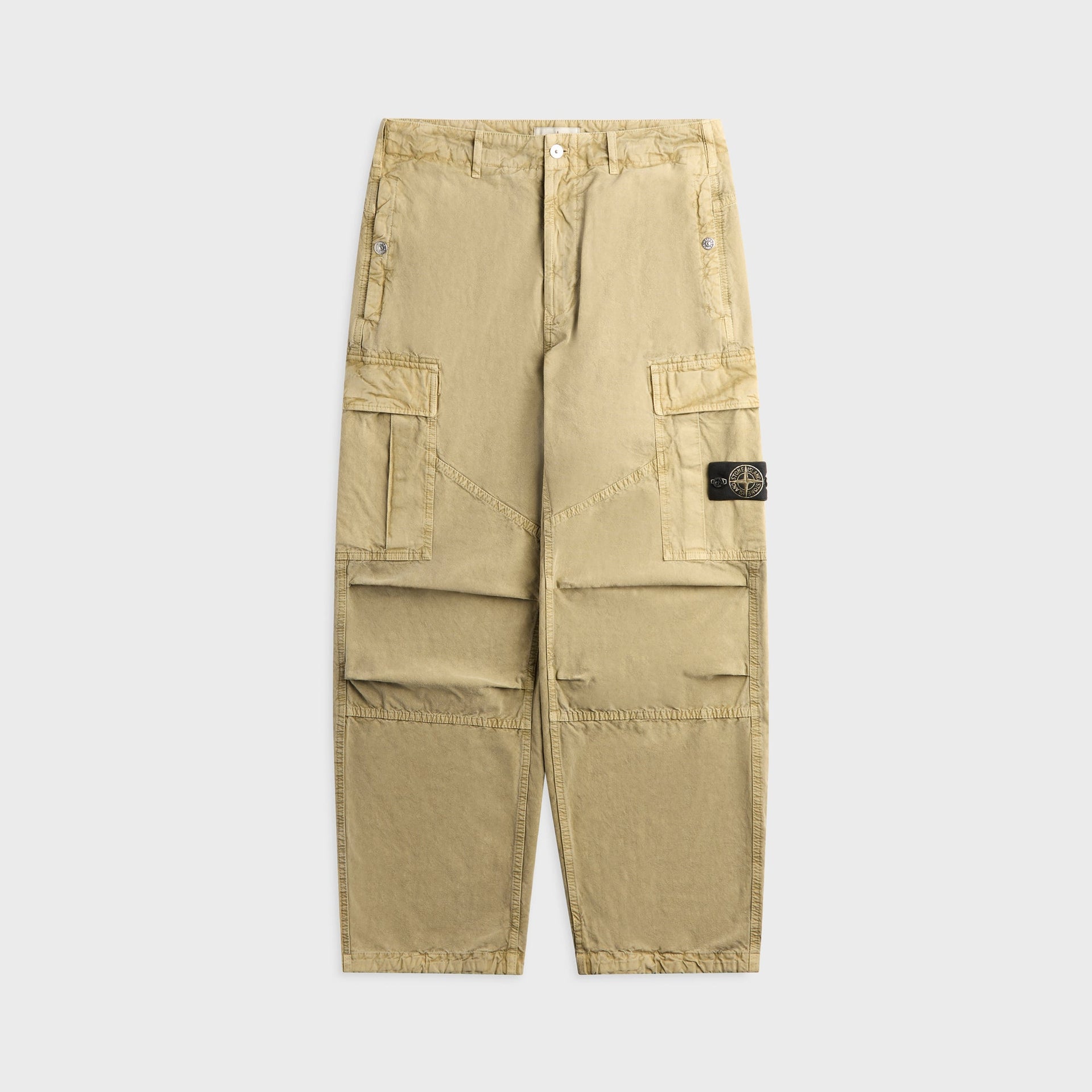 Stone Island Mineral Dyed Panama cotton cargo pant in military green, front view with side pockets and logo patch