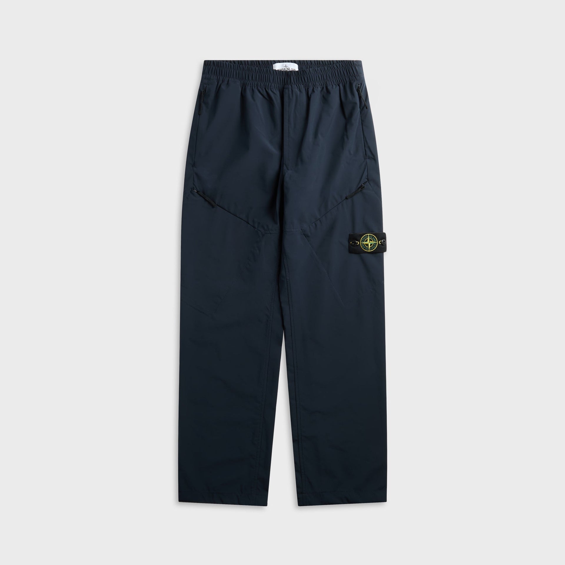 Stone Island Soft Shell-R technical trouser in navy, front with elastic waist, zip pockets and compass badge tab