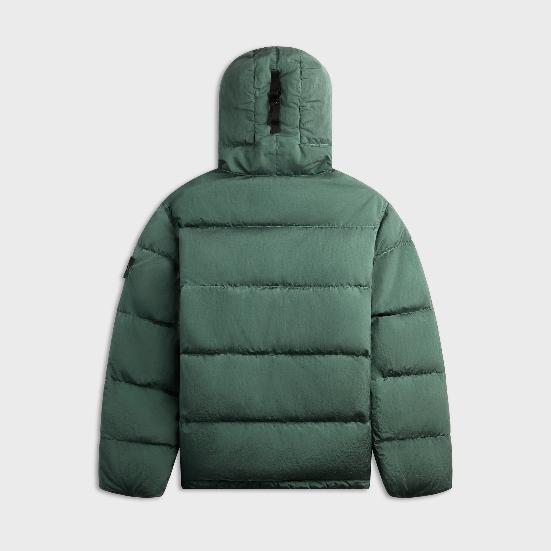 Stone Island ocean green padded zip-up jacket, back view showing hood