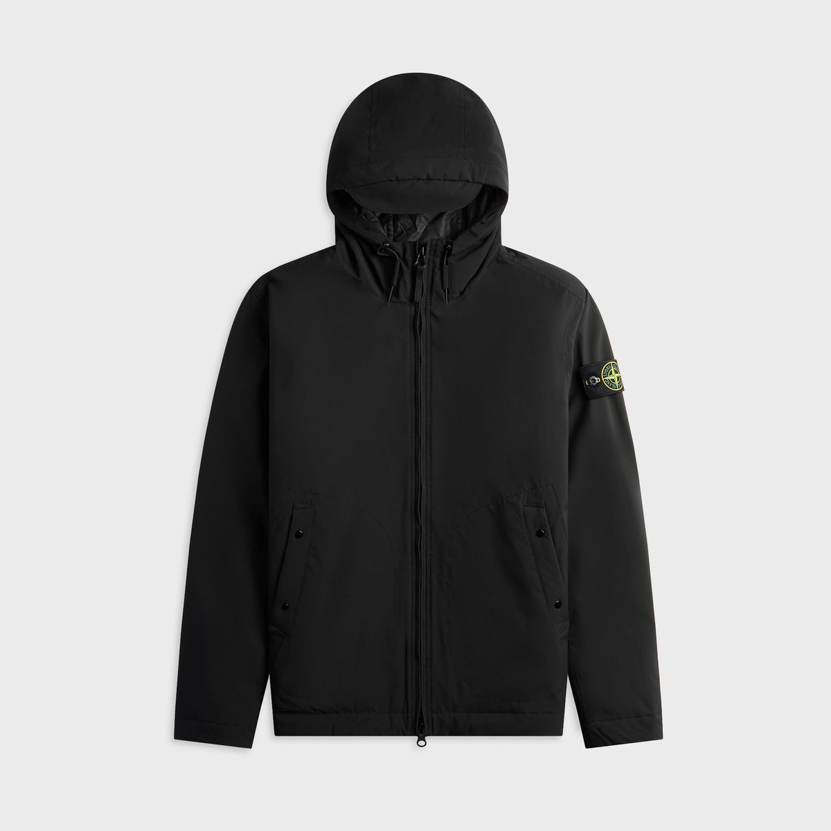 Stone Island Short Parka in Black, black hooded zip parka, front view