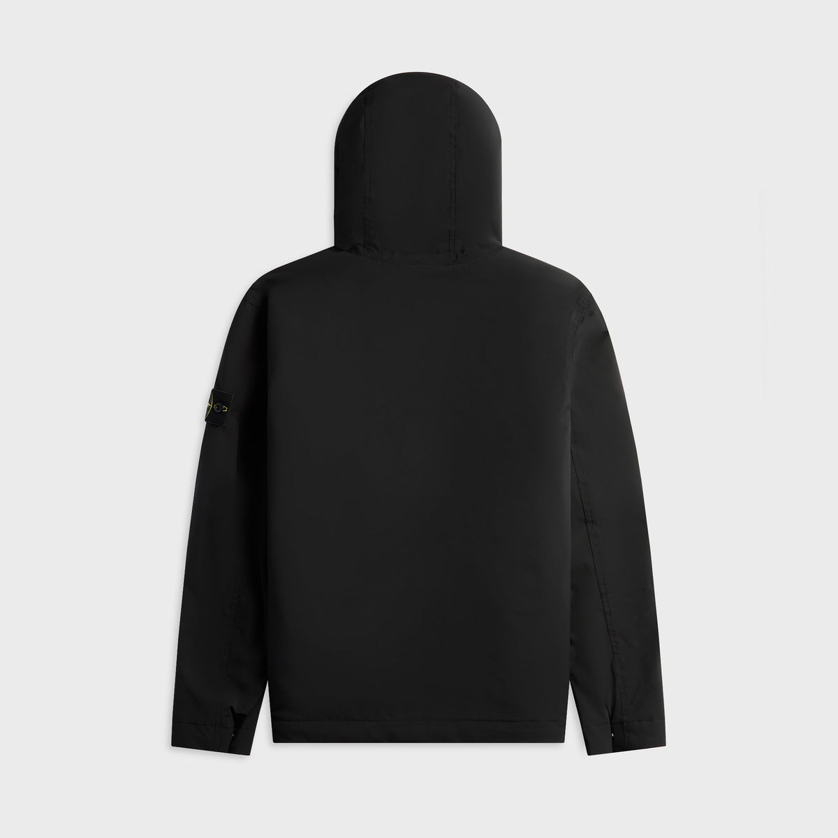 Stone Island Short Parka in Black, black hooded zip parka with sleeve badge, back view