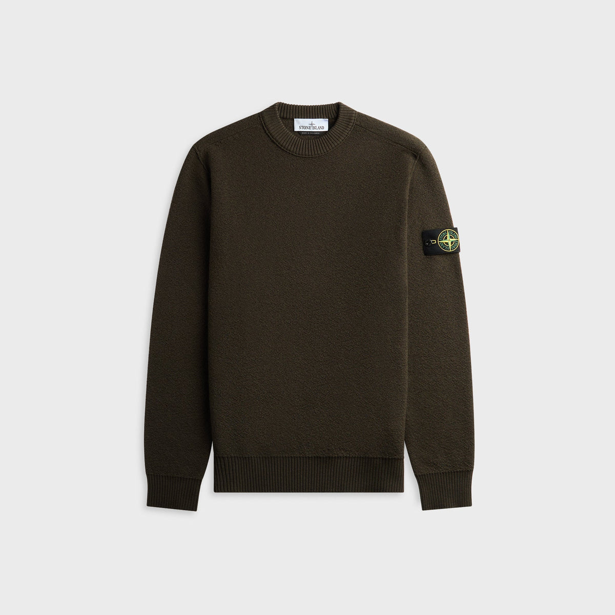 Stone Island Pure RWS Wool Loose Fit Crewneck Sweater in Coal Grey, dark brown sweater with sleeve badge, front view