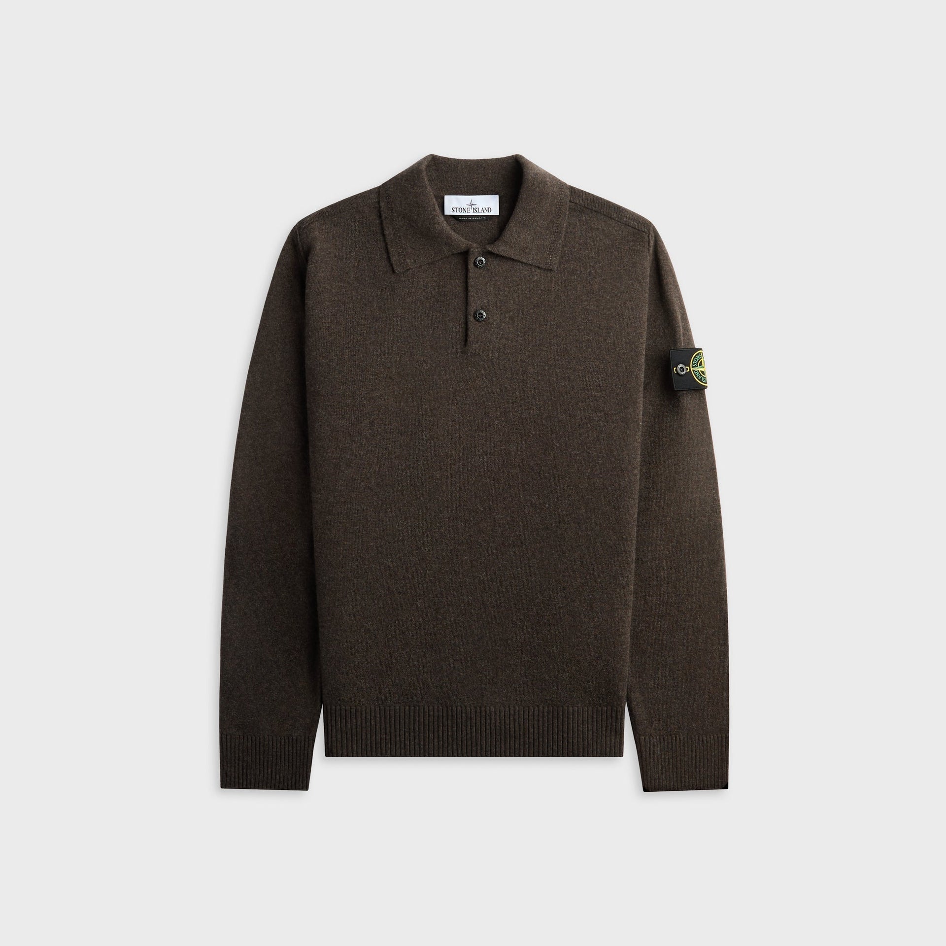Stone Island Light RWS Geelong wool sweater in lead grey melange, polo collar with logo patch on sleeve, flat lay