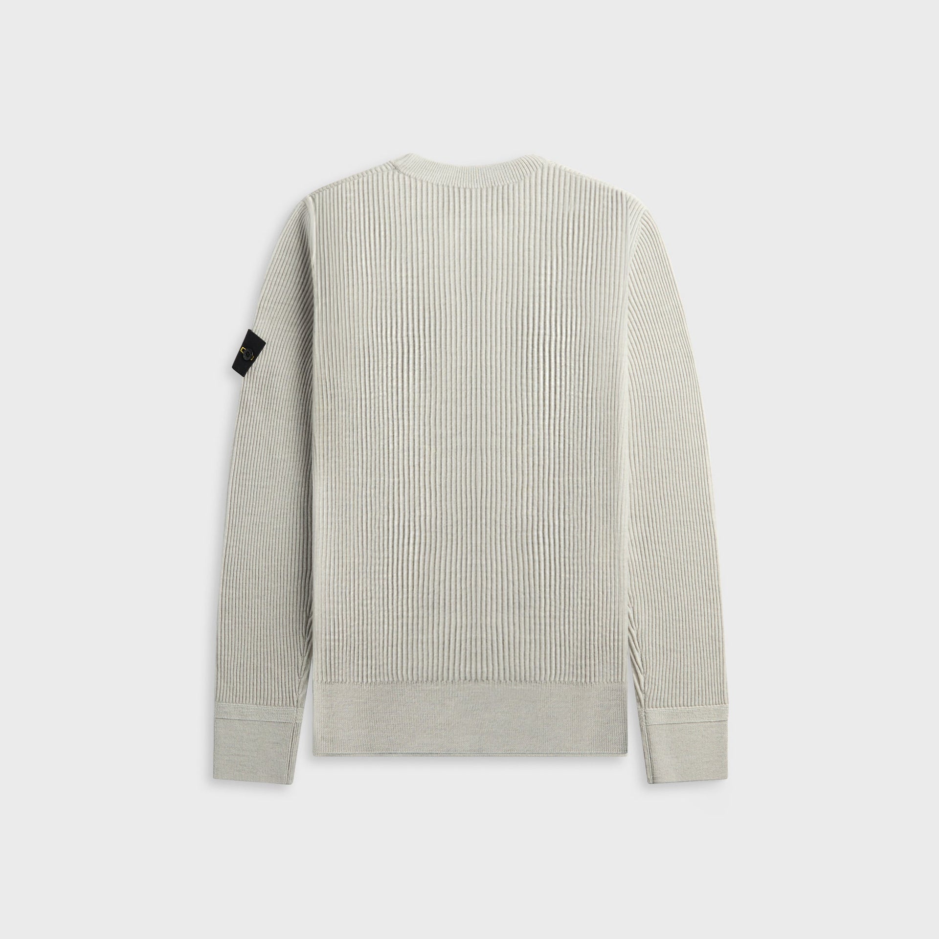 Stone Island full-rib RWS wool crewneck in sand melange, back view of chunky ribbed knit