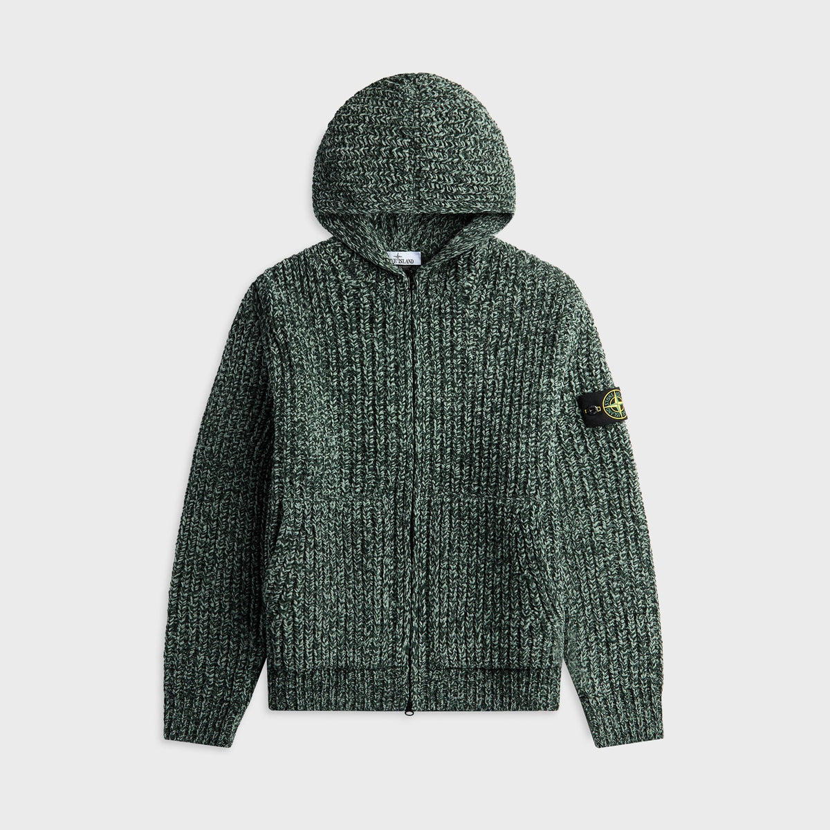 Stone Island Mouline Cotton Chenille Hooded Zip-Up Jumper in Dark Green Melange, textured green hooded zip sweater, front view