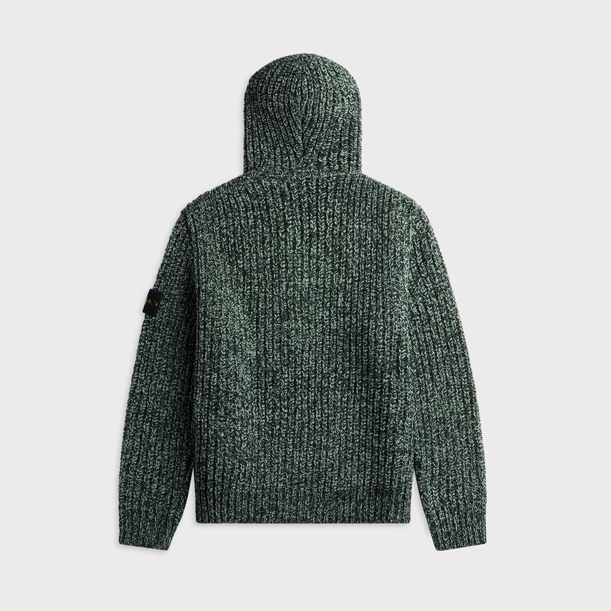 Stone Island Mouline Cotton Chenille Hooded Zip-Up Jumper in Dark Green Melange, textured green hooded zip sweater, back view