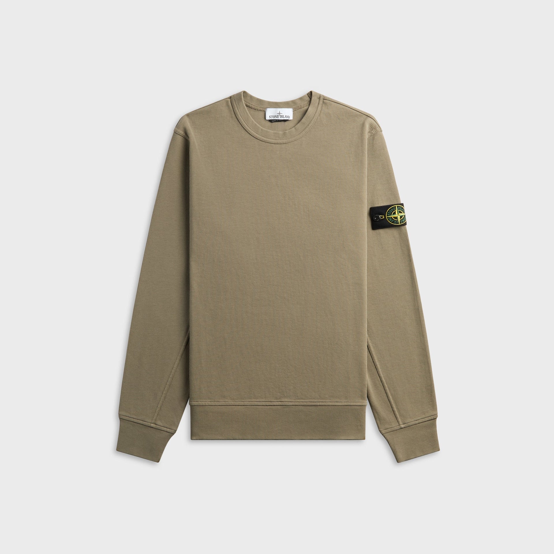 Stone Island ribbed interlock crewneck sweatshirt in military green, front view with compass badge on sleeve