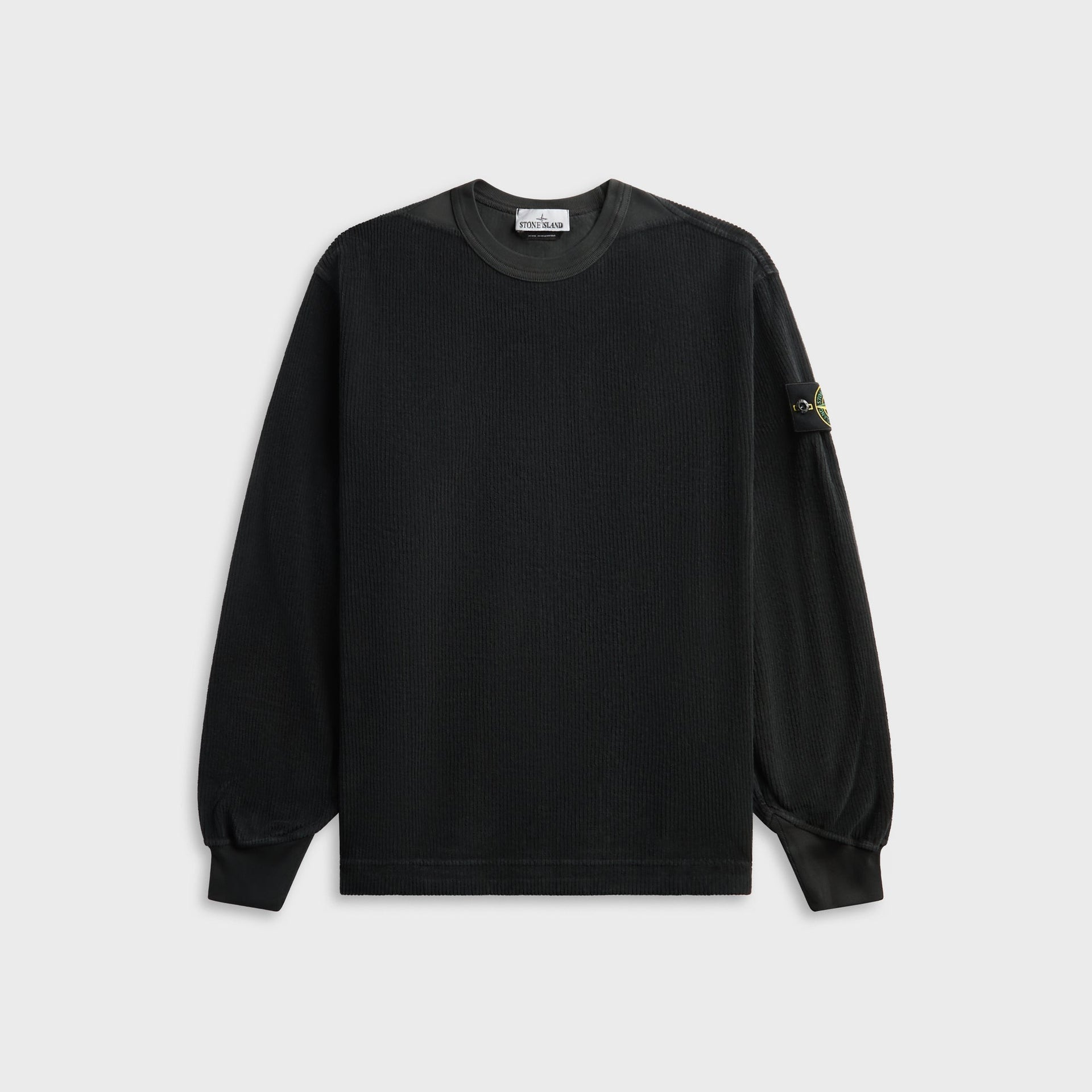 Stone Island jersey corduroy crewneck sweatshirt in lead grey, front view with nylon-trimmed collar and sleeve badge