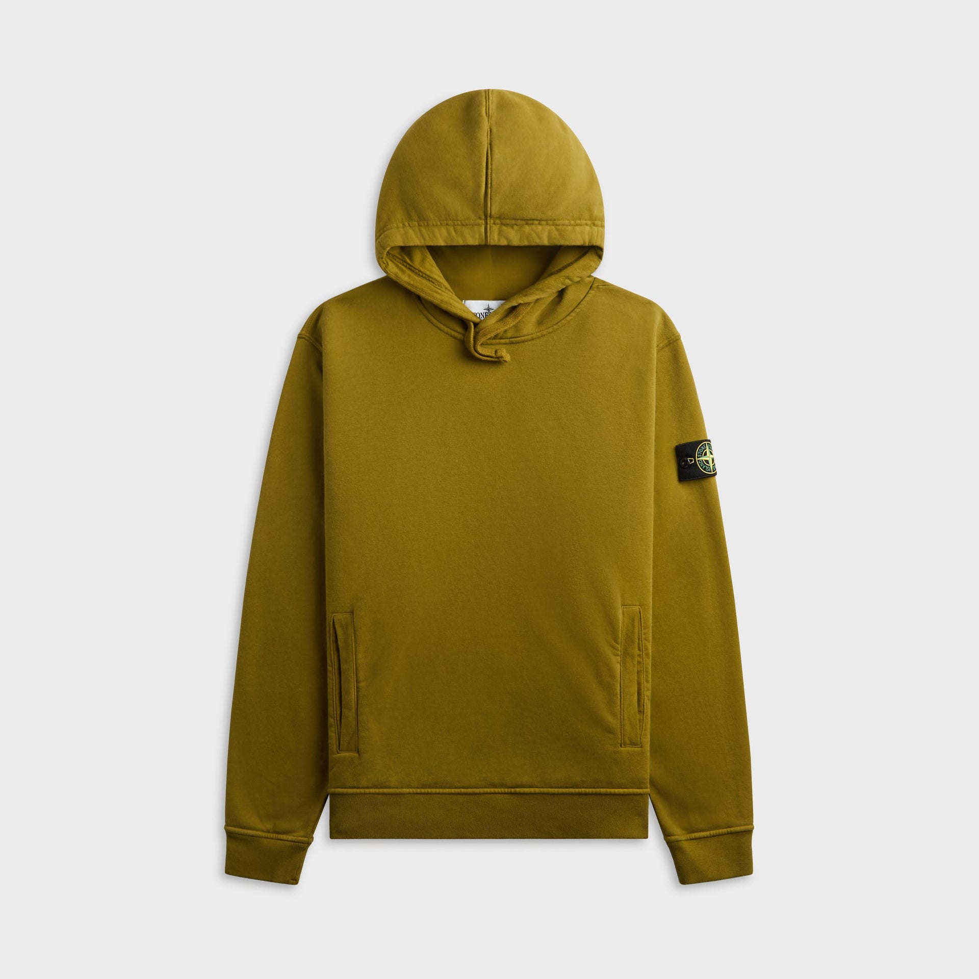 Stone Island brushed cotton fleece hoodie in cactus green, front view with drawstring hood and sleeve badge