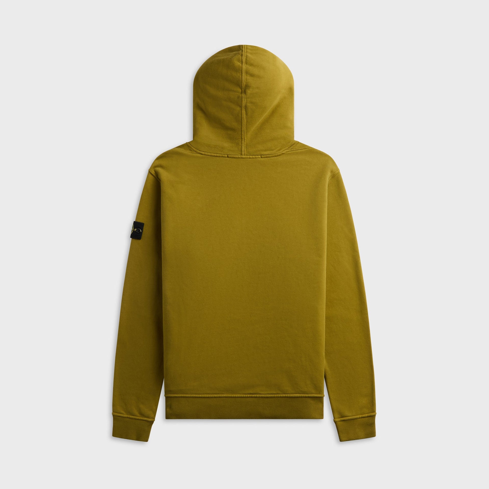Stone Island brushed cotton fleece hoodie in cactus green, back view with hood up and compass sleeve badge