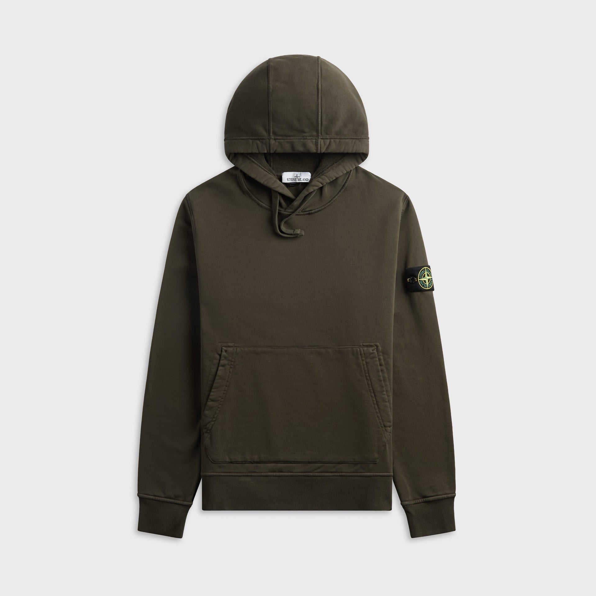 Stone Island cotton fleece hoodie in dark olive, front view with kangaroo pocket and compass badge on left sleeve