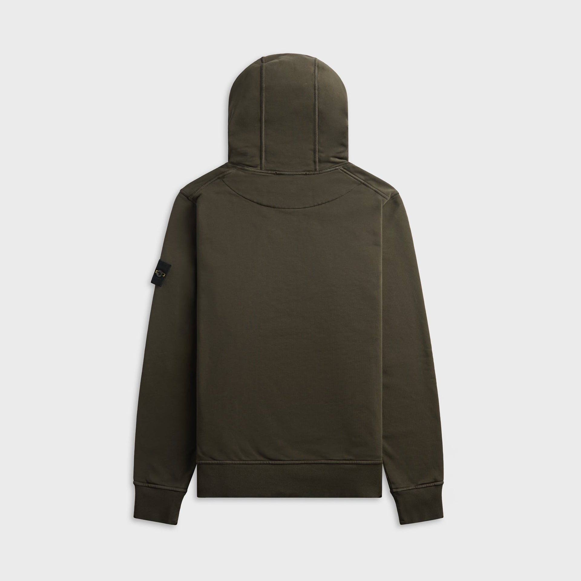 Stone Island cotton fleece hoodie in dark olive, back view showing hood and compass badge on left sleeve