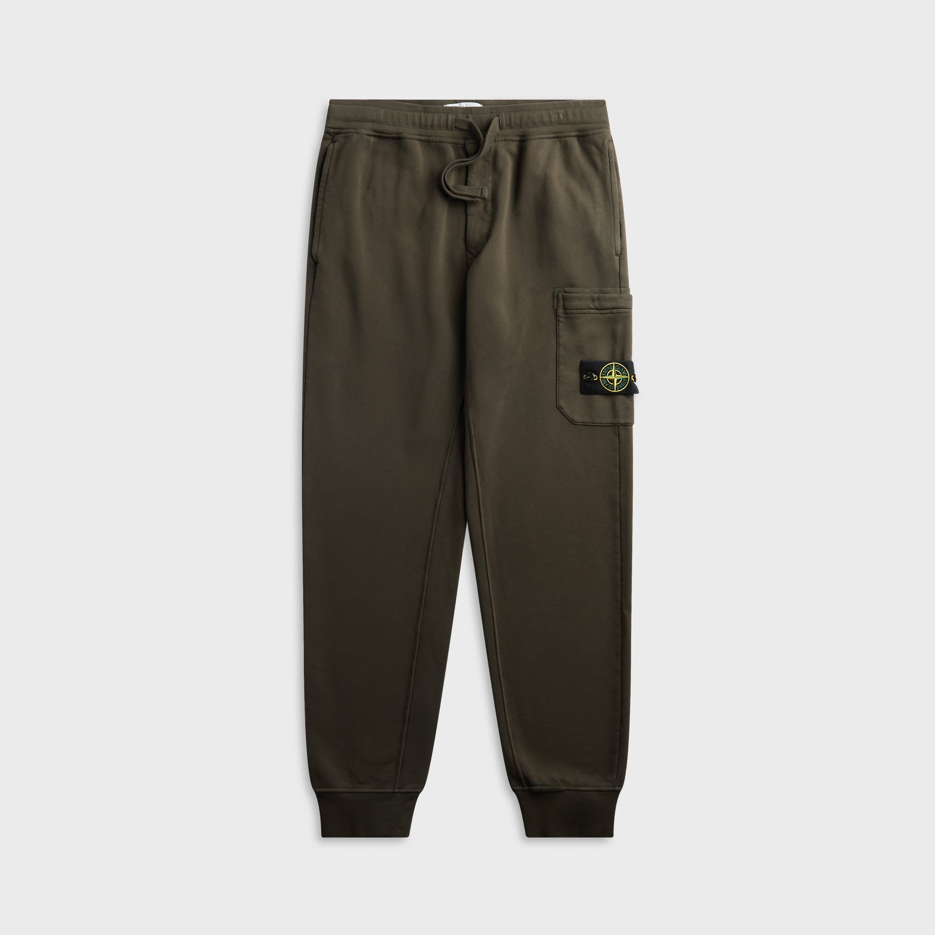 Stone Island fleece sweatpants in dark olive, front with drawstring waist and compass-badge thigh pocket