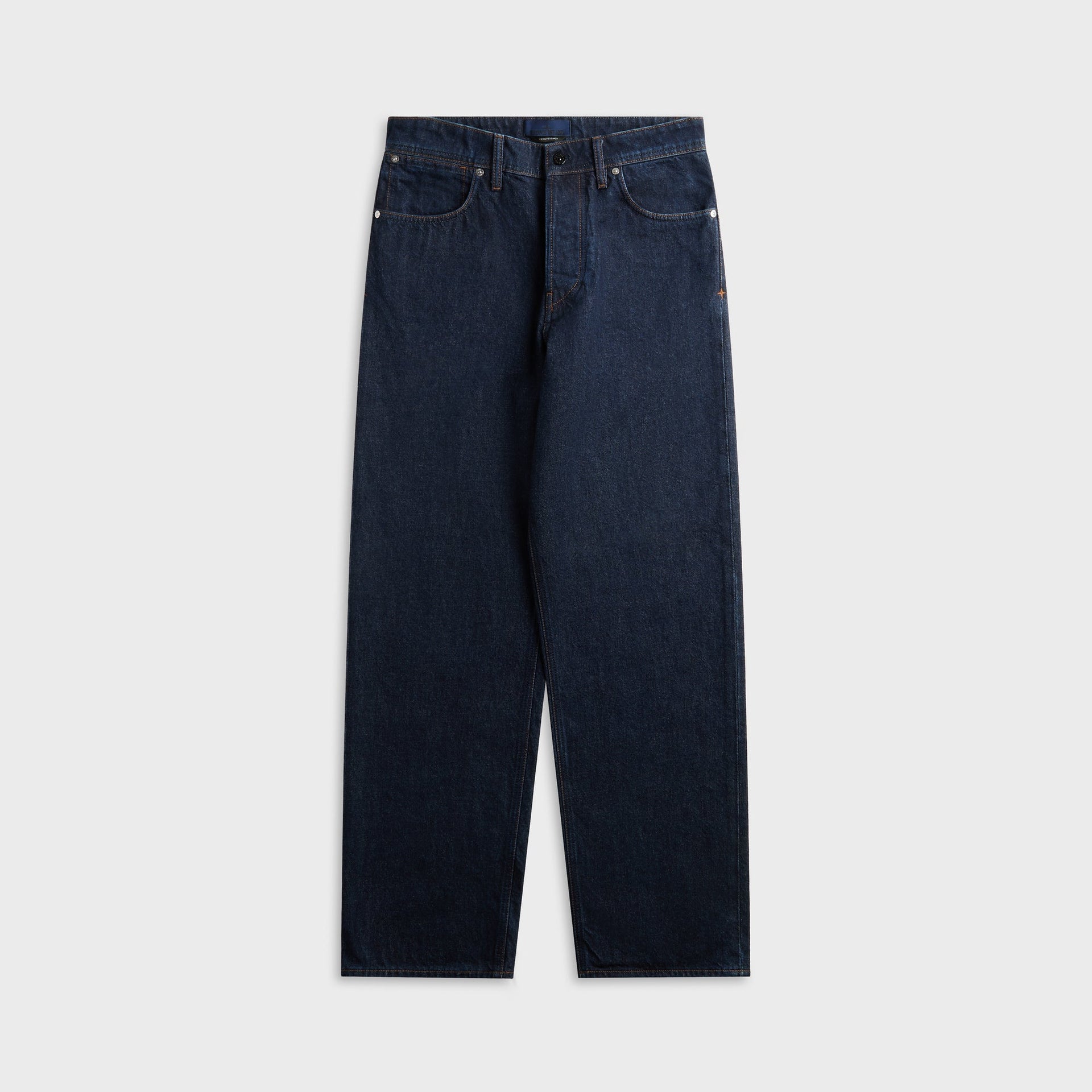 Stone Island rinsed indigo loose-fit jean, front view, five-pocket with orange contrast stitching