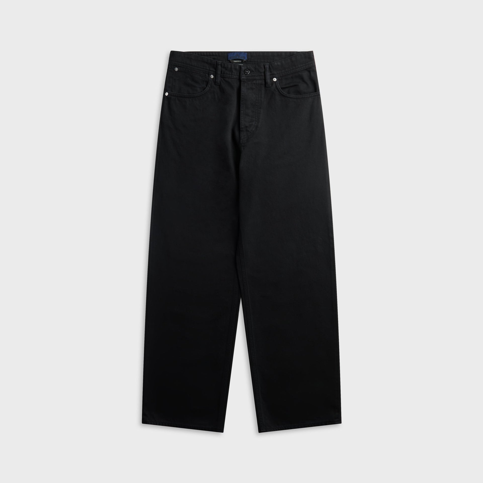 Stone Island light bull denim loose-fit jean in black, front view, five-pocket styling