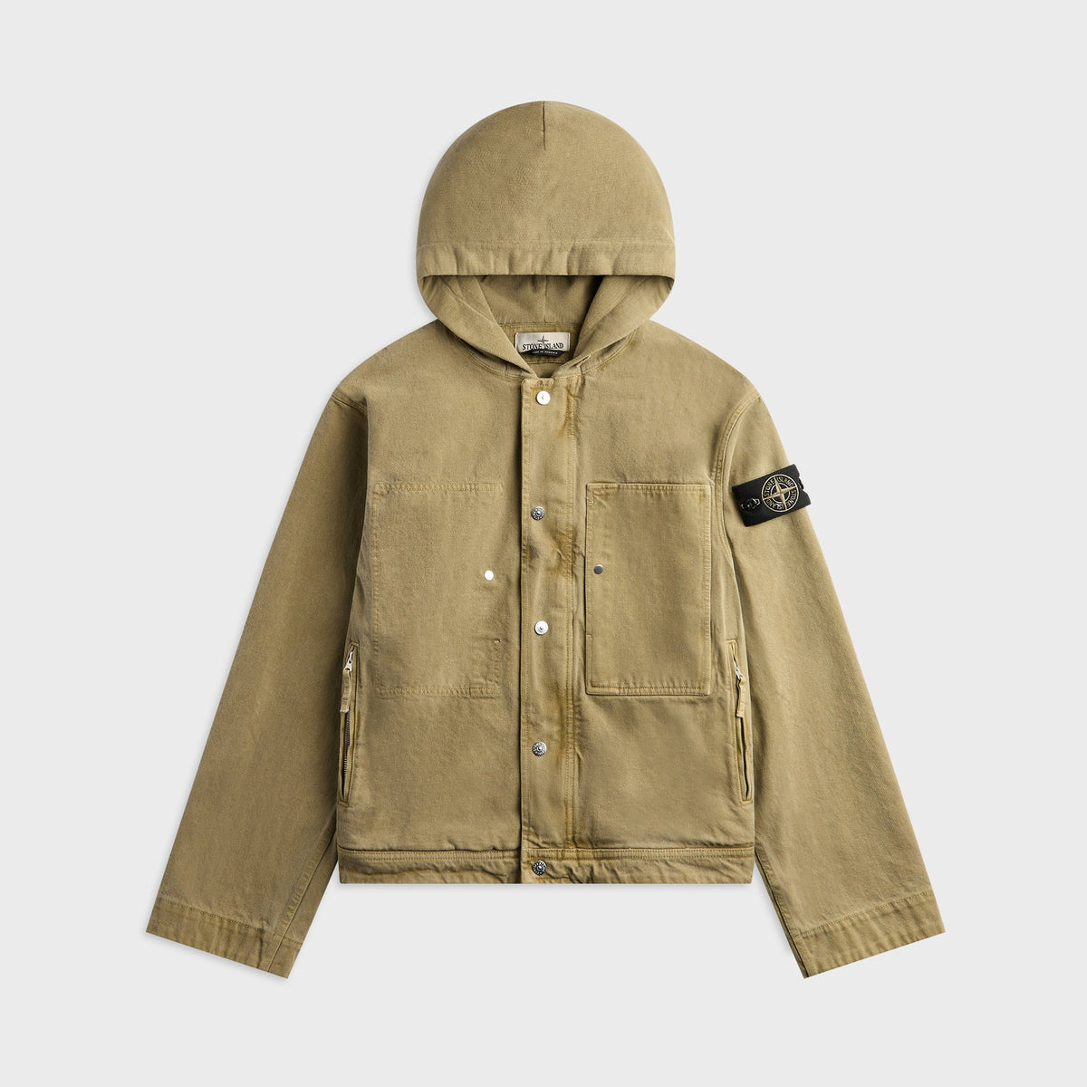 Stone Island Mineral Dyed Cotton Gabardine TC Hooded Jacket in Military Green, khaki hooded jacket with sleeve badge, front view