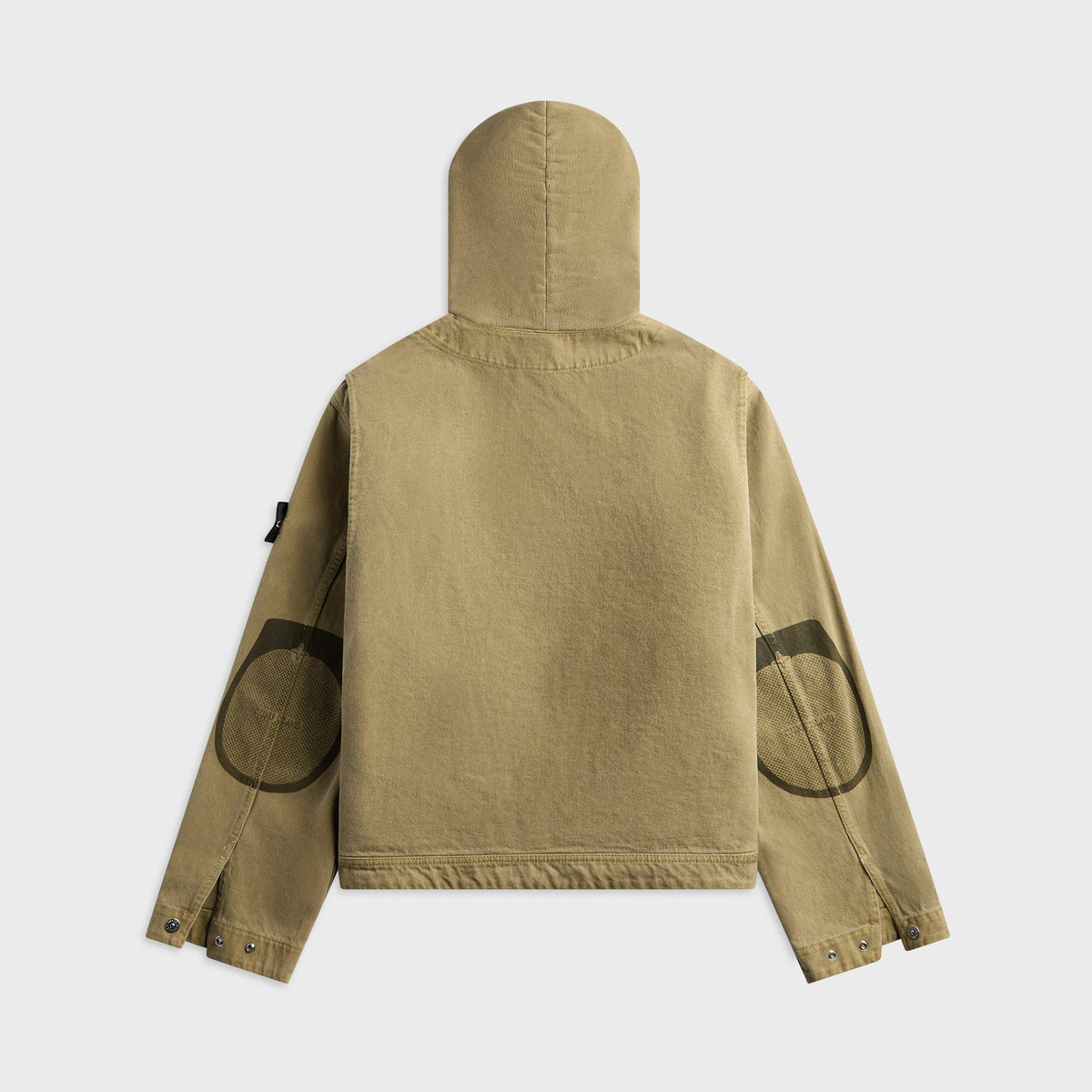 Stone Island Mineral Dyed Cotton Gabardine TC Hooded Jacket in Military Green, khaki hooded jacket with sleeve badge, back view