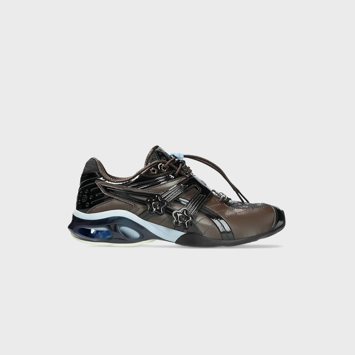 ASICS x Cecilie Bahnsen GEL-KINETIC FR sneaker in coffee brown patent leather with black overlays and floral hardware, lateral side view