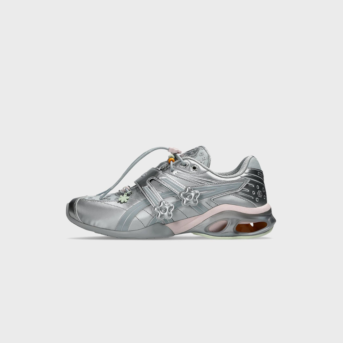 ASICS x Cecilie Bahnsen GEL-KINETIC FR sneaker medial side view showing pale pink midfoot panel and silver overlays