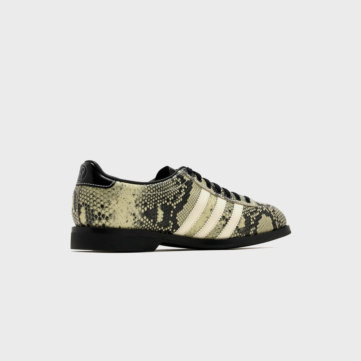 adidas x Brain Dead Samba Bowling shoe in Multi Color / Cream White / Core Black snakeskin-print leather, medial side view with cream stripes and black heel