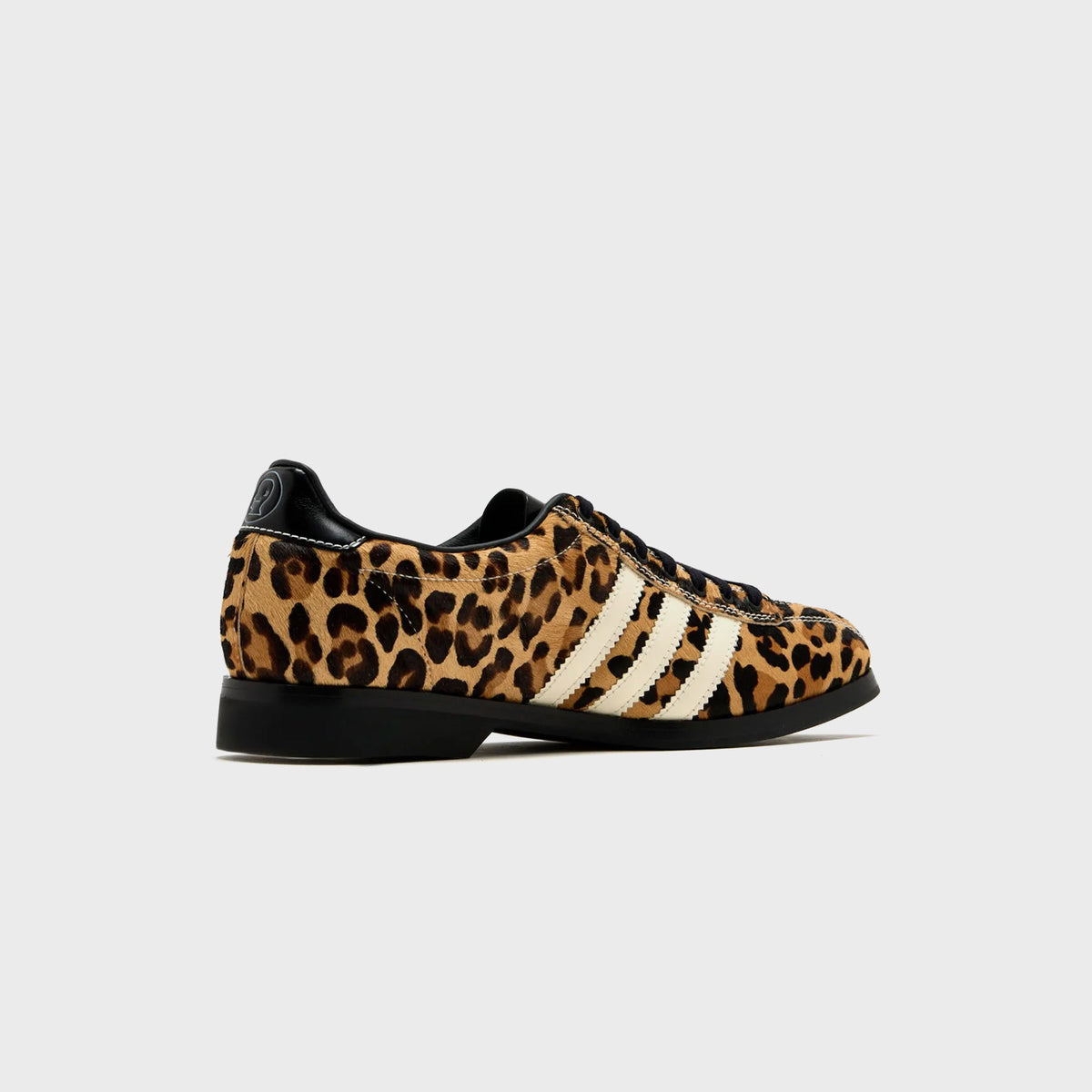 adidas x Brain Dead Samba Bowling shoe in Tan / Black / Cream leopard-print pony hair, medial side view with cream stripes and black heel