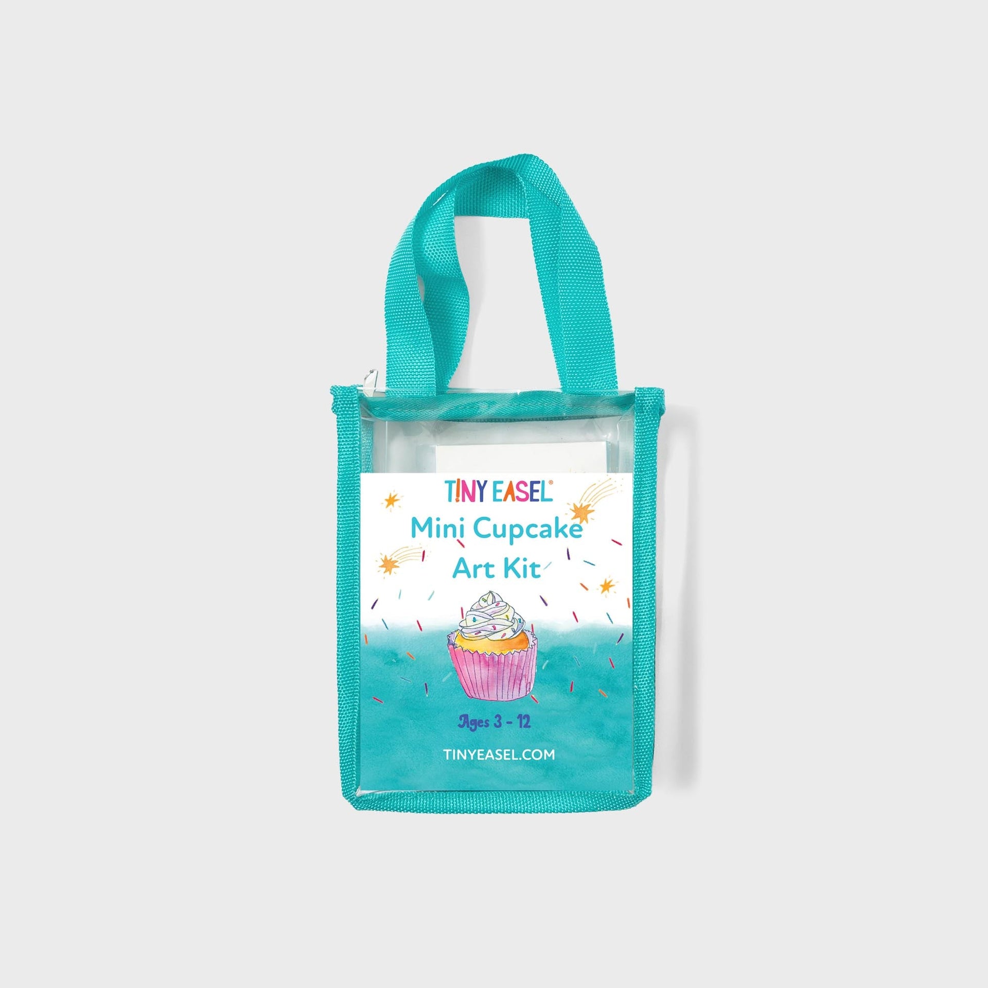 Tiny Easel Mini Cupcake Art Kit in clear teal-trimmed tote, watercolor sprinkled cupcake, ages 3 to 12