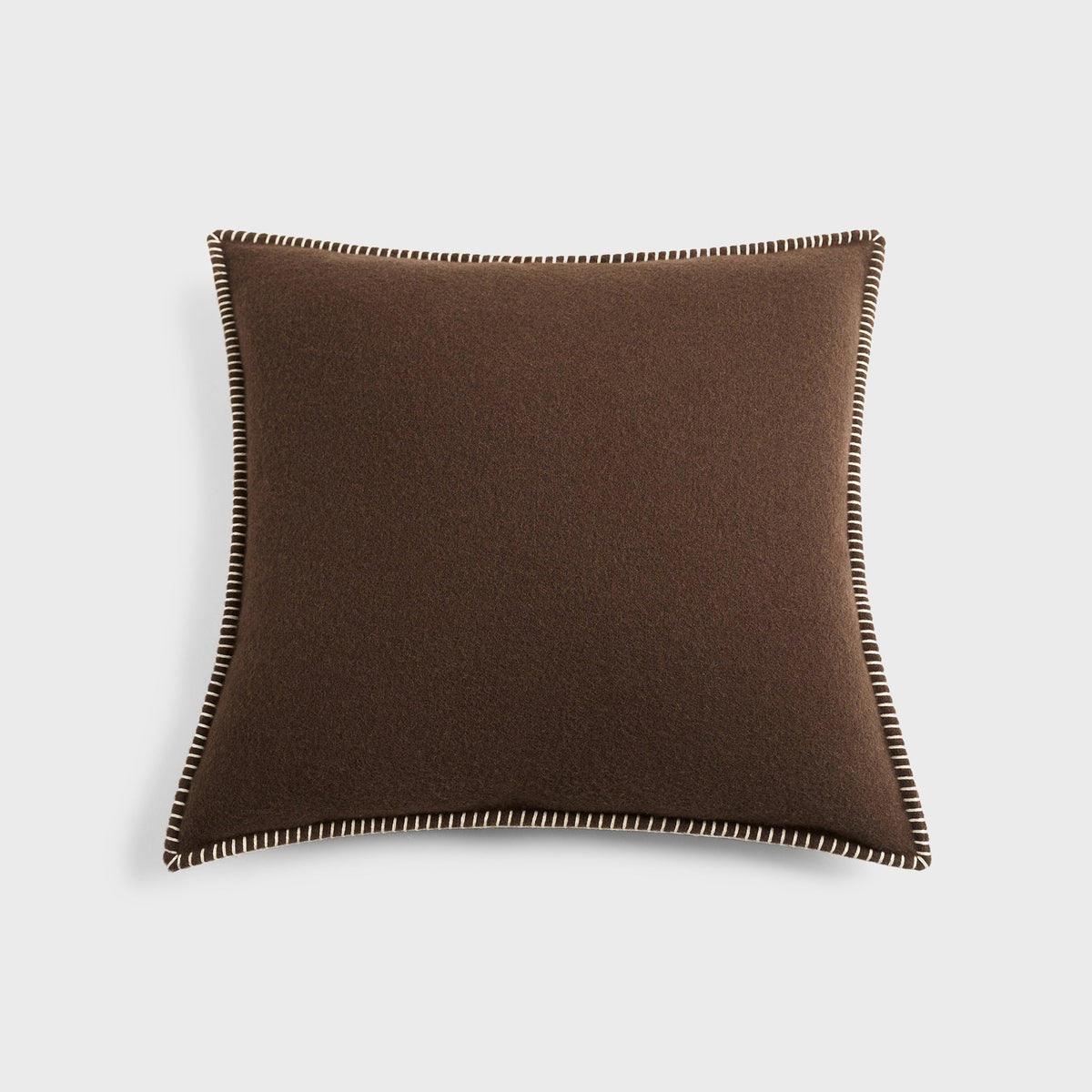 Tekla Lambswool Cushion in Walnut, dark brown wool cushion with whipstitched edge, full view
