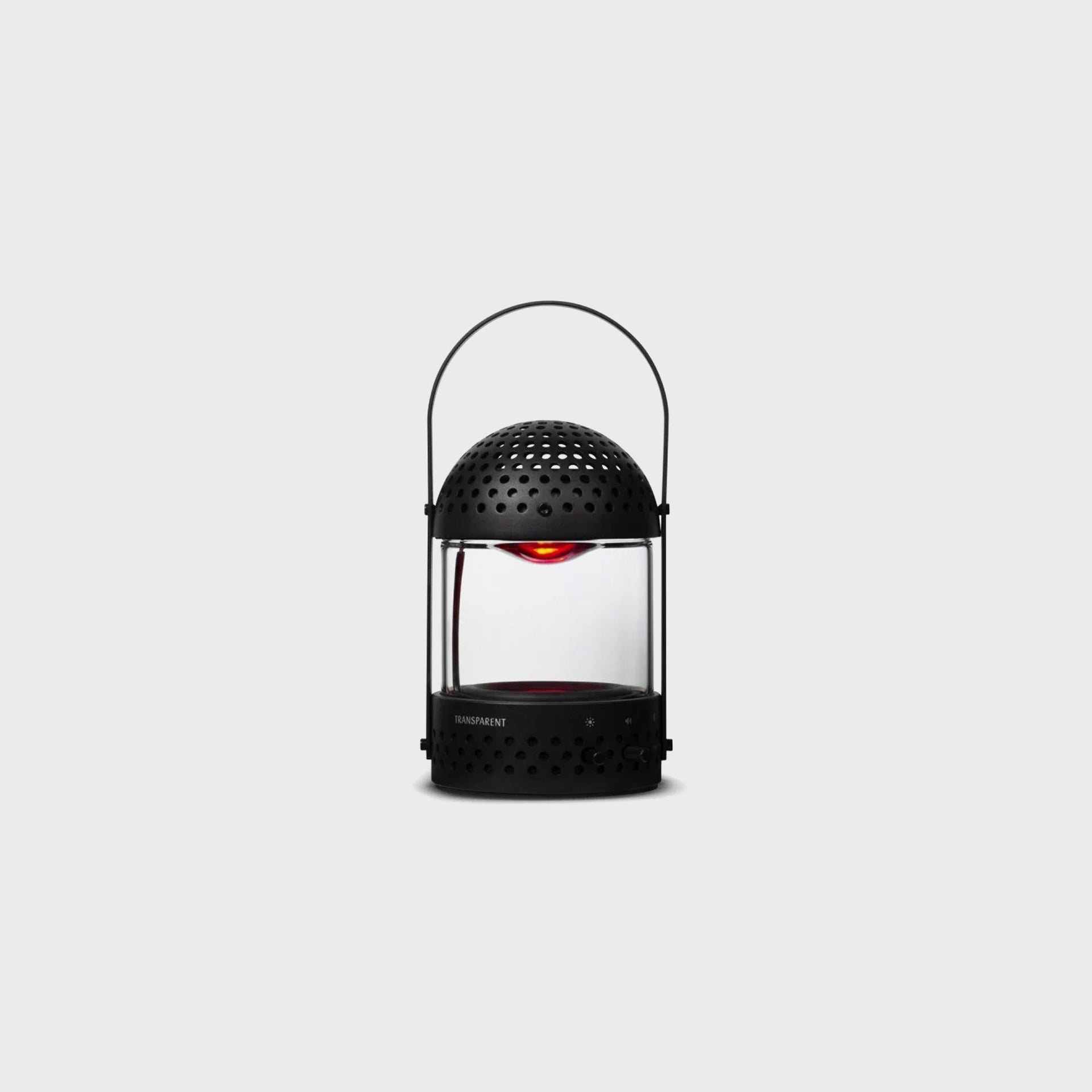 Transparent Sound Light Speaker in black with glass cylinder body and glowing red-amber flame light inside
