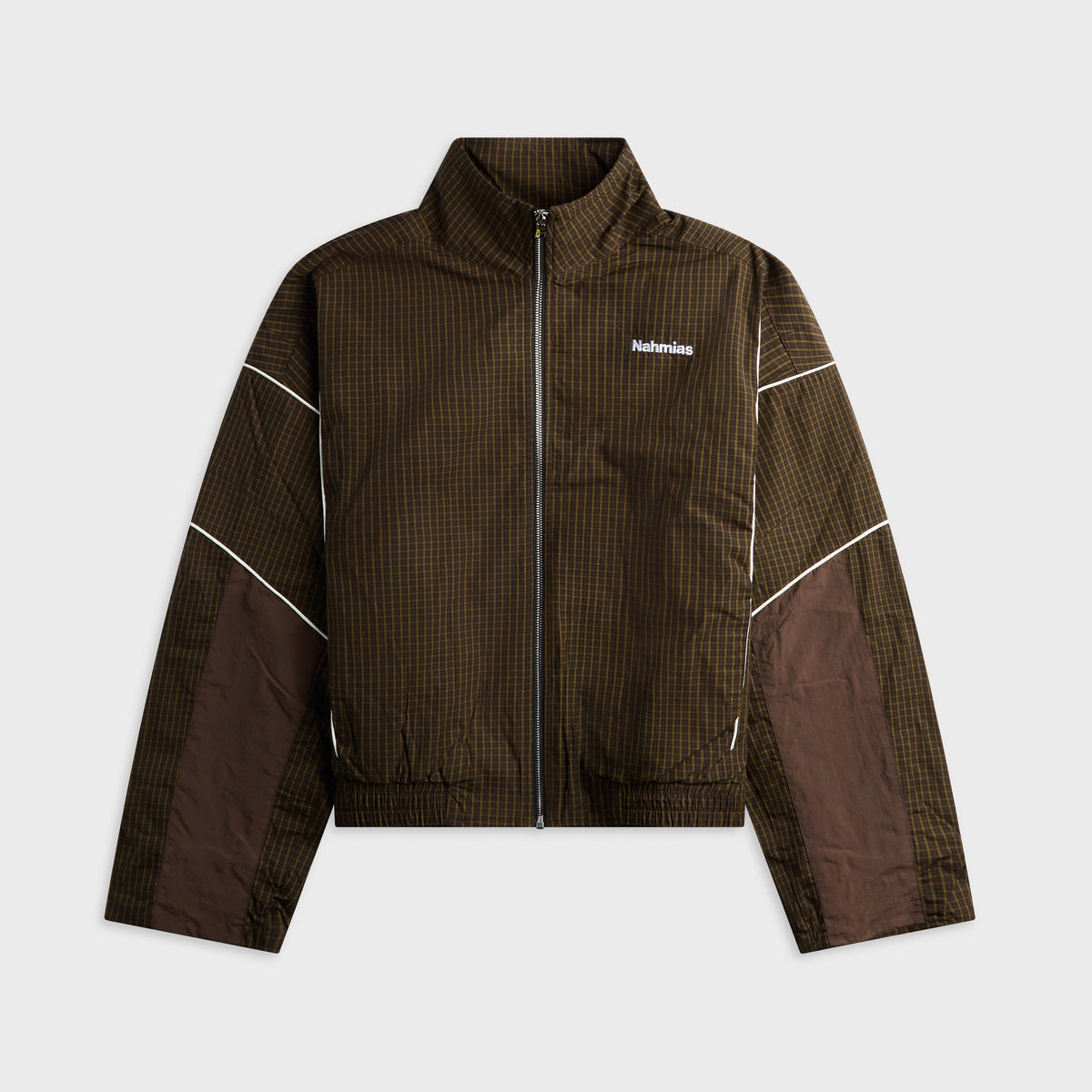 NAHMIAS Grid Warm Up Jacket in Brown Multi, brown gridded track jacket with piping detail, front view