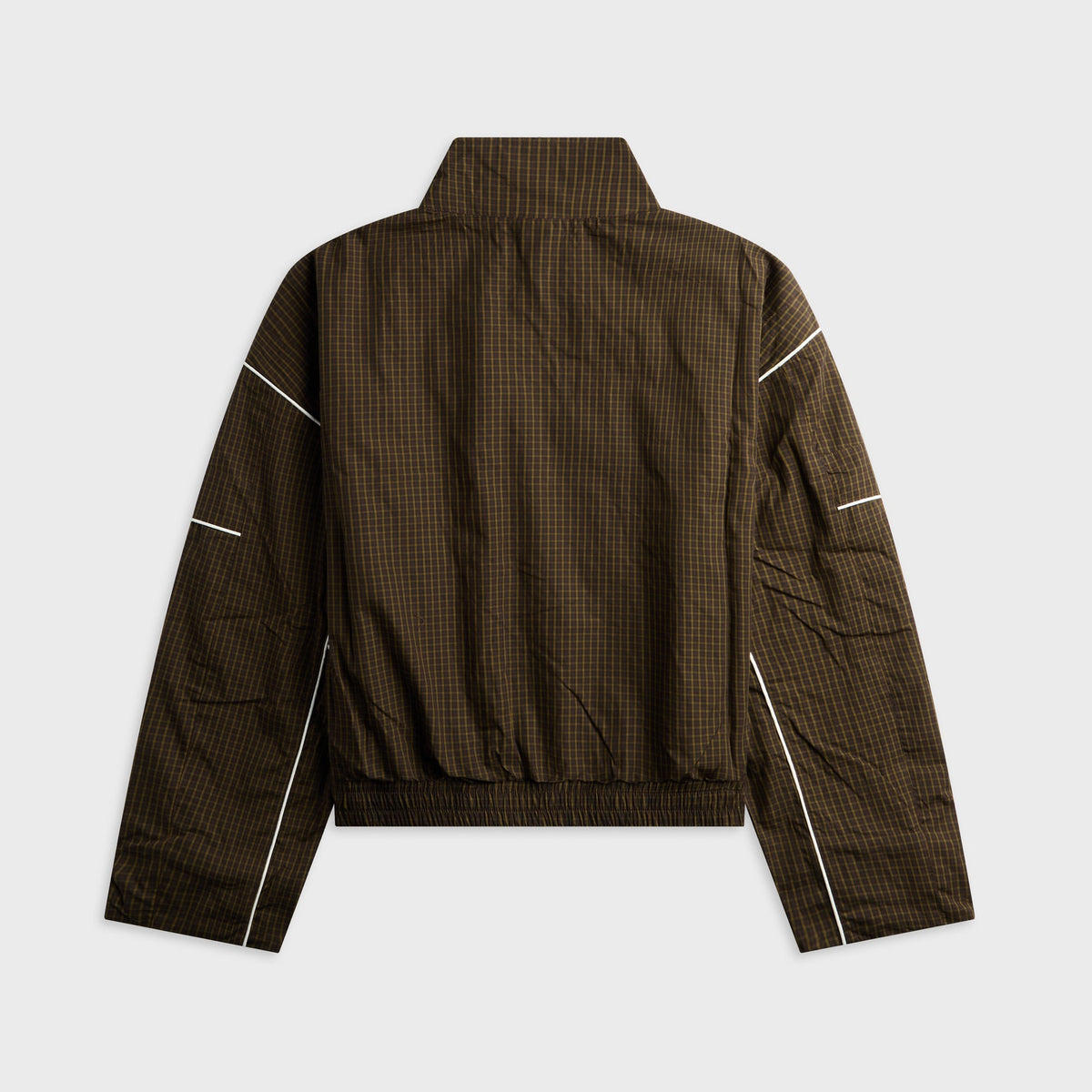 NAHMIAS Grid Warm Up Jacket in Brown Multi, brown gridded track jacket with piping detail, back view