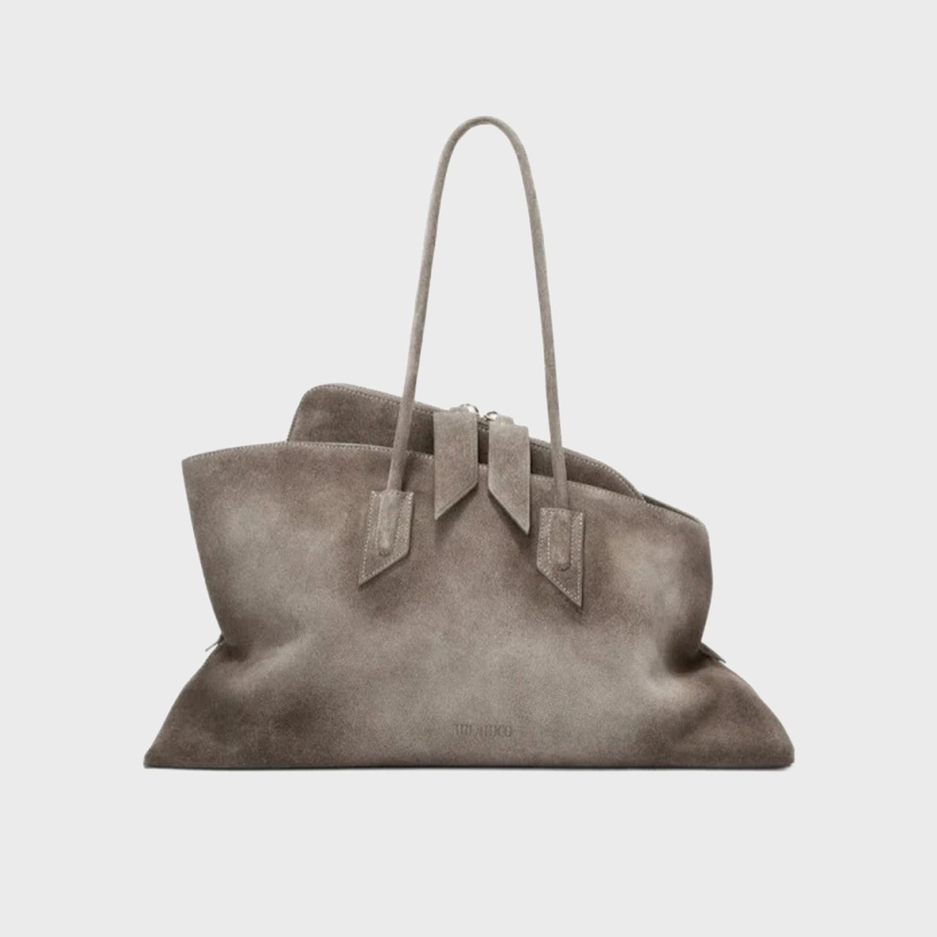 The Attico La Passeggiata medium top handle bag in dark grey suede, slouchy with tall thin handles, front view