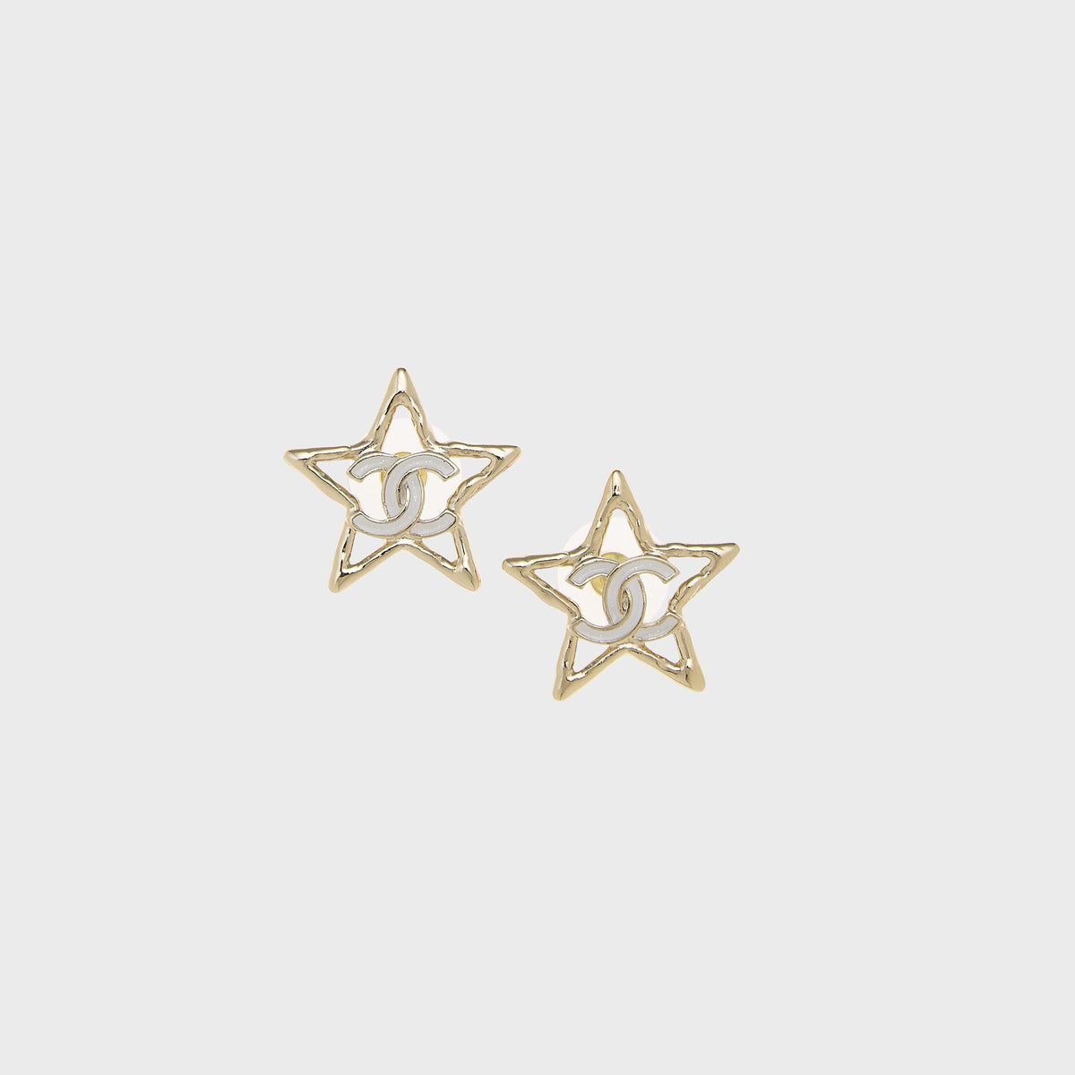 WGACA Chanel Crystal and Gold Metal Star CC Stud Earrings - White Gold