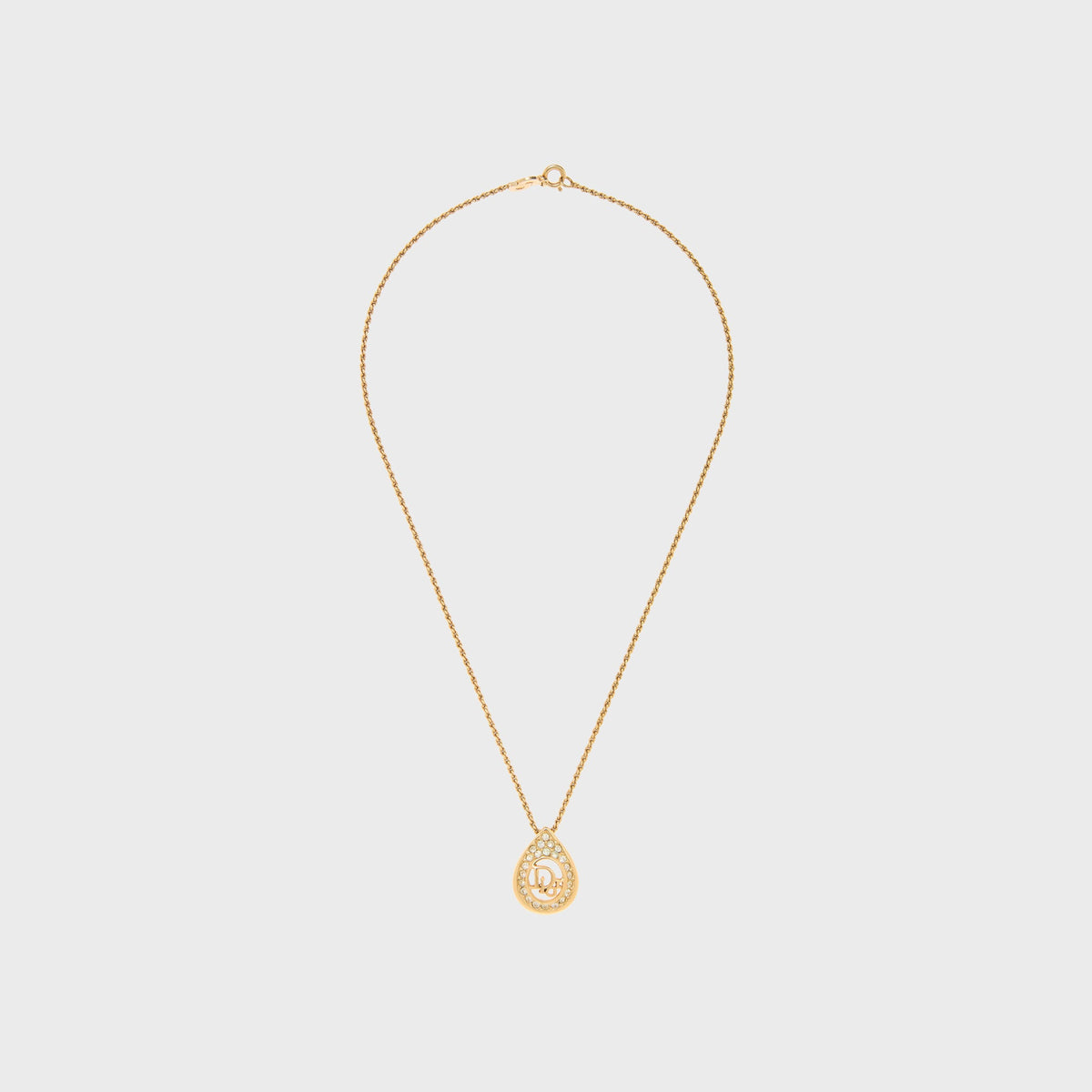 WGACA Christian Dior Logo Rhinestone Teardrop Pendant Necklace - Gold