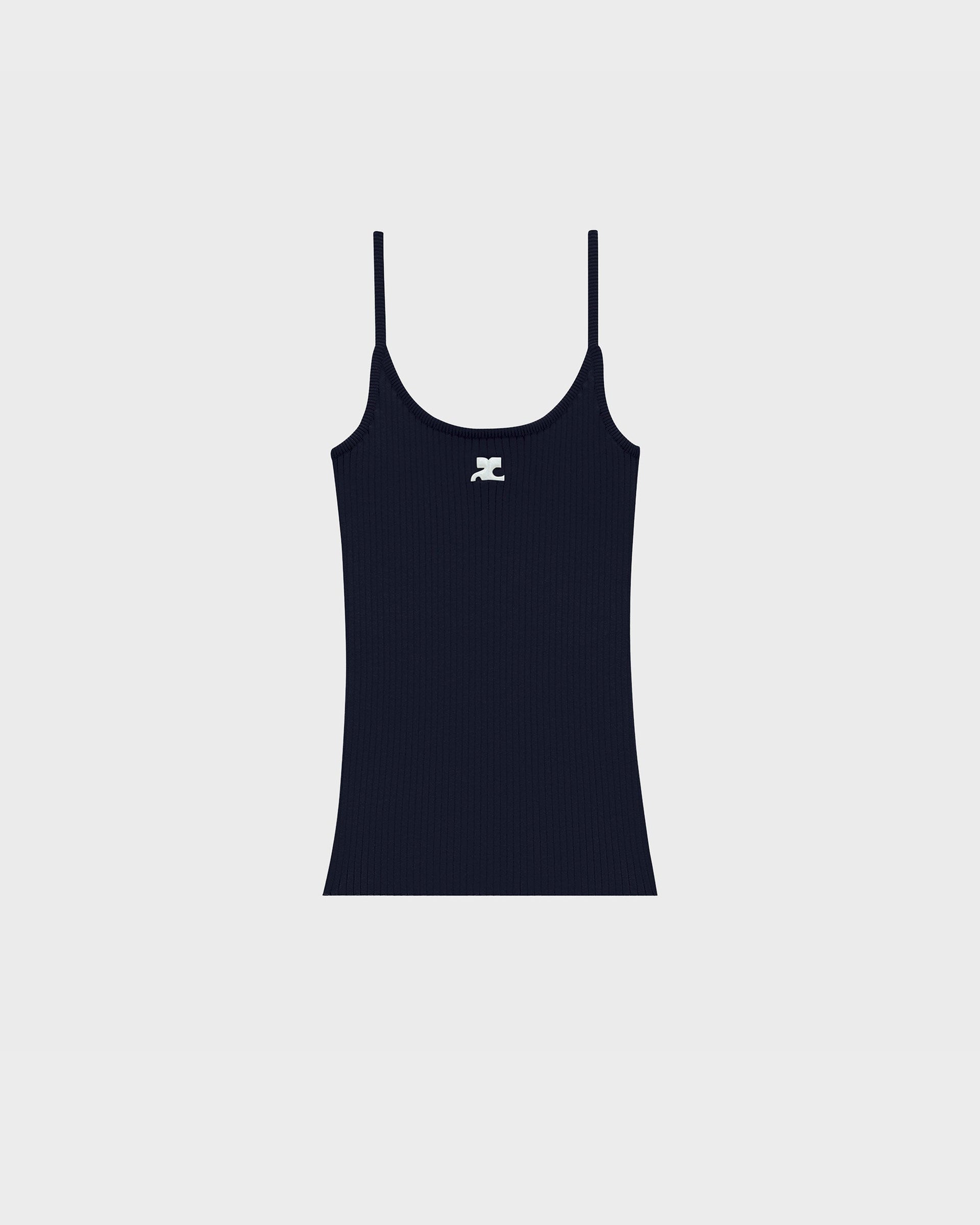 Courreges navy ribbed knit camisole tank with a white embroidered logo at the chest, white background