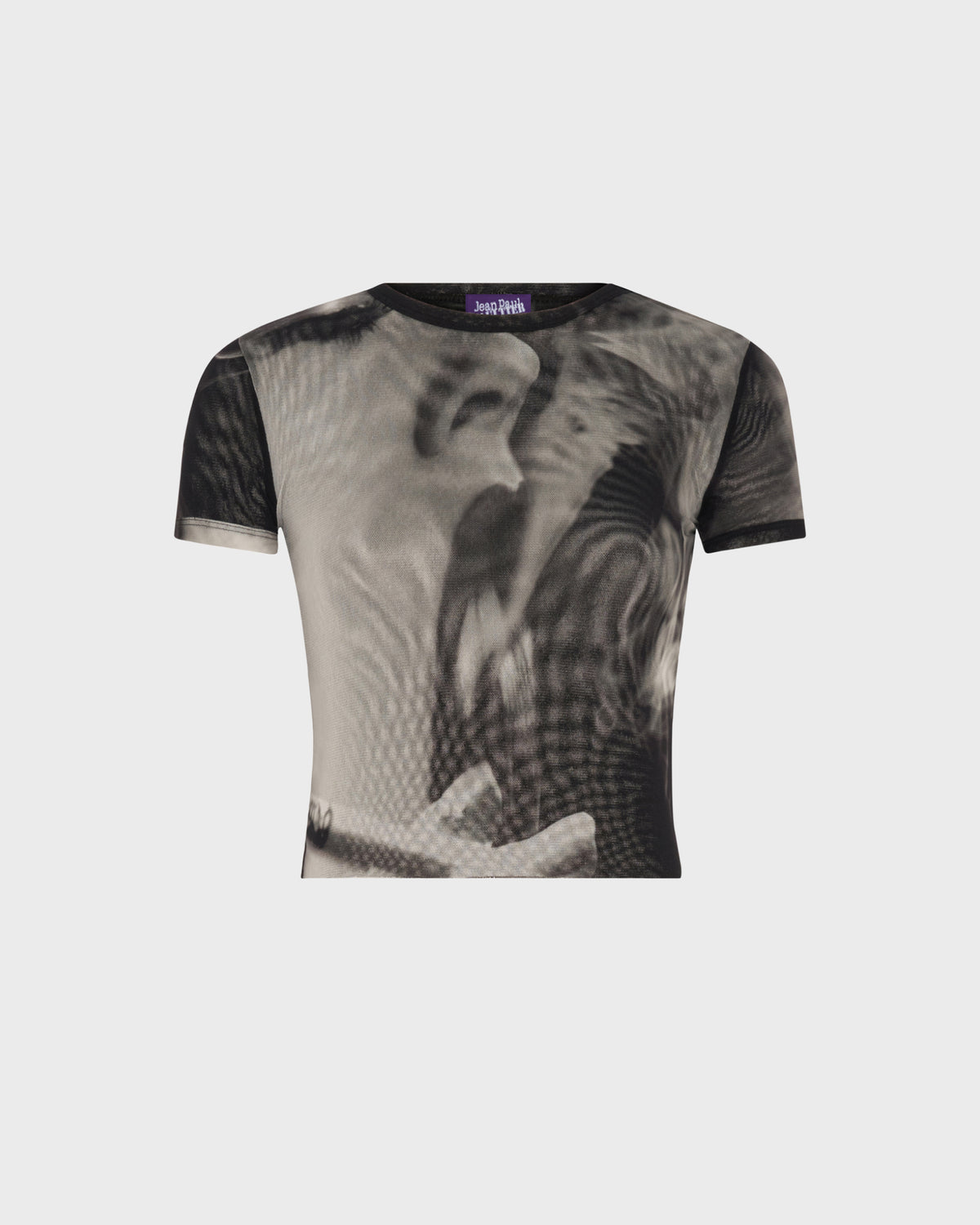 Jean Paul Gaultier cropped short-sleeve mesh tee in black and grey with printed face graphic and purple logo label