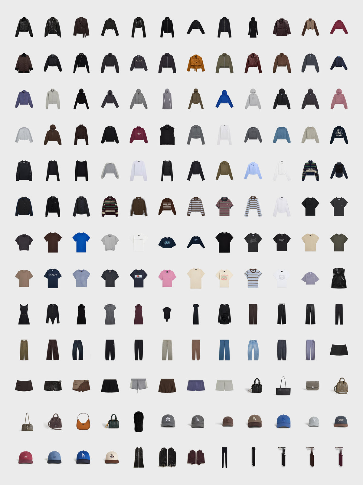 Grid flat lay of women's and men's fall apparel and accessories, including jackets, hoodies, tees, bags, and caps, on a light gray background