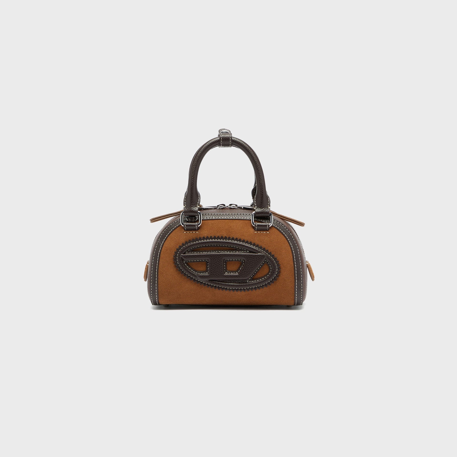 Diesel 1DR Dome Suede and Grainy PU Small Bowling Bag - Brown