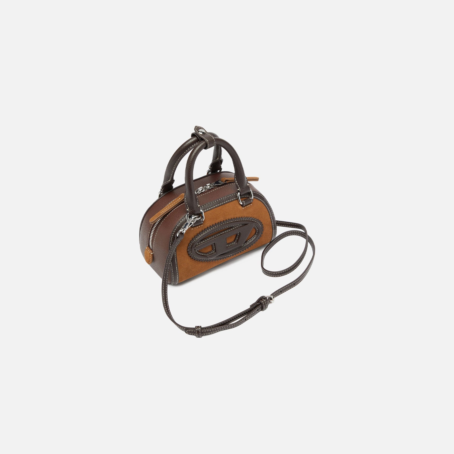 Diesel 1DR Dome Suede and Grainy PU Small Bowling Bag - Brown