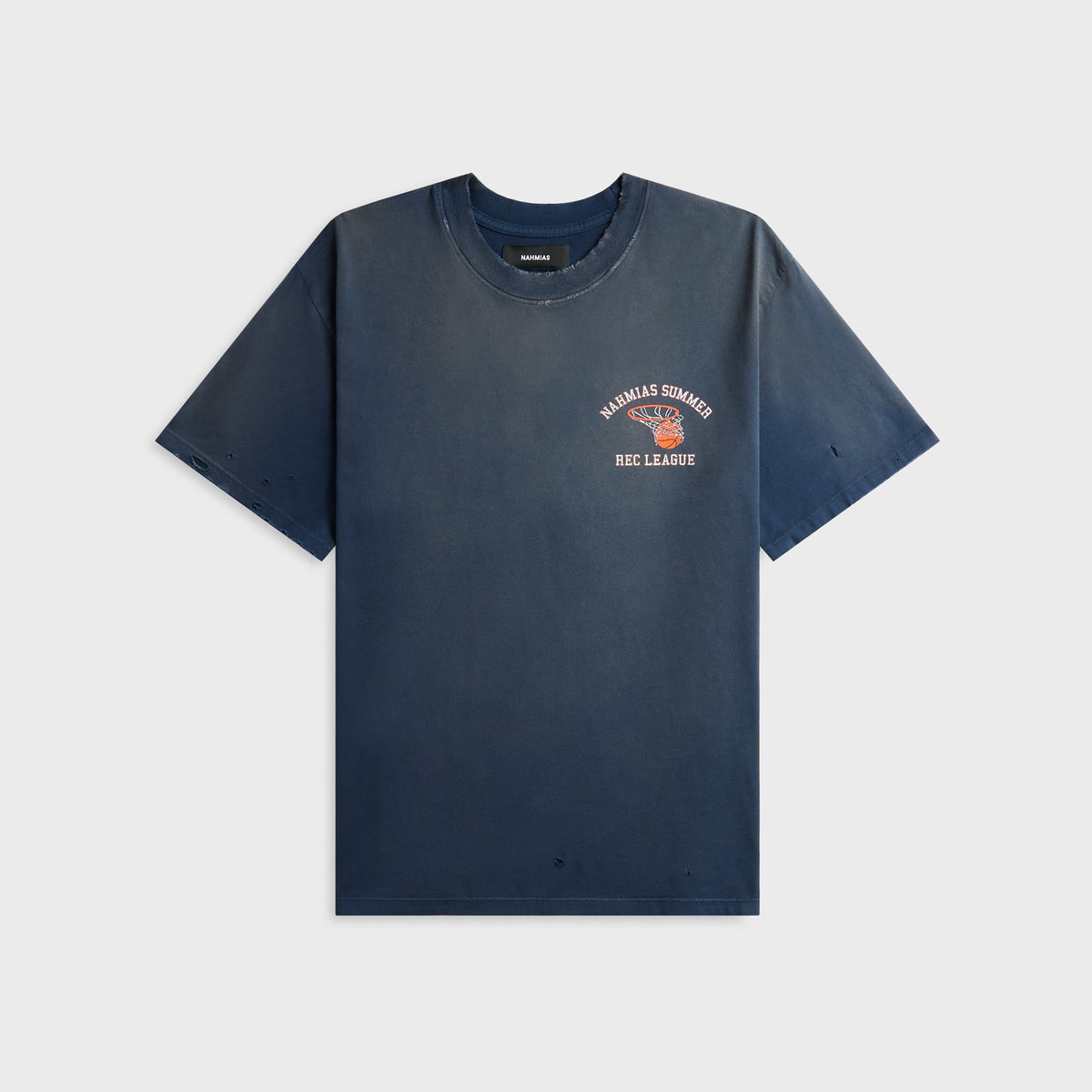 NAHMIAS Rec League Boxy Tee in Navy, faded navy tee with varsity chest graphic, front view