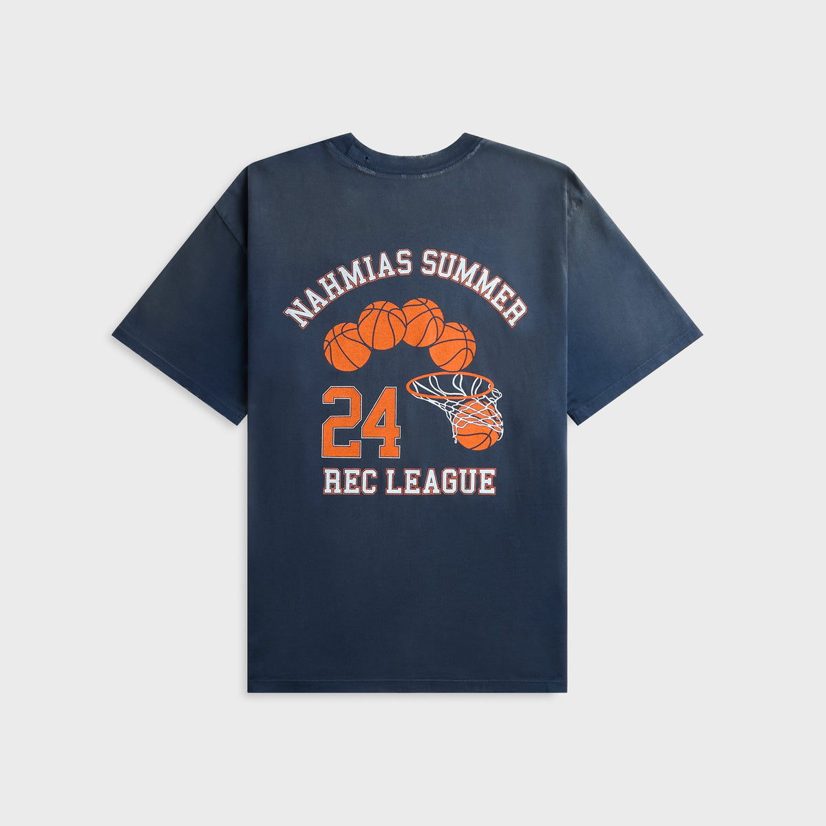 NAHMIAS Rec League Boxy Tee in Navy, faded navy tee with basketball rec league back graphic
